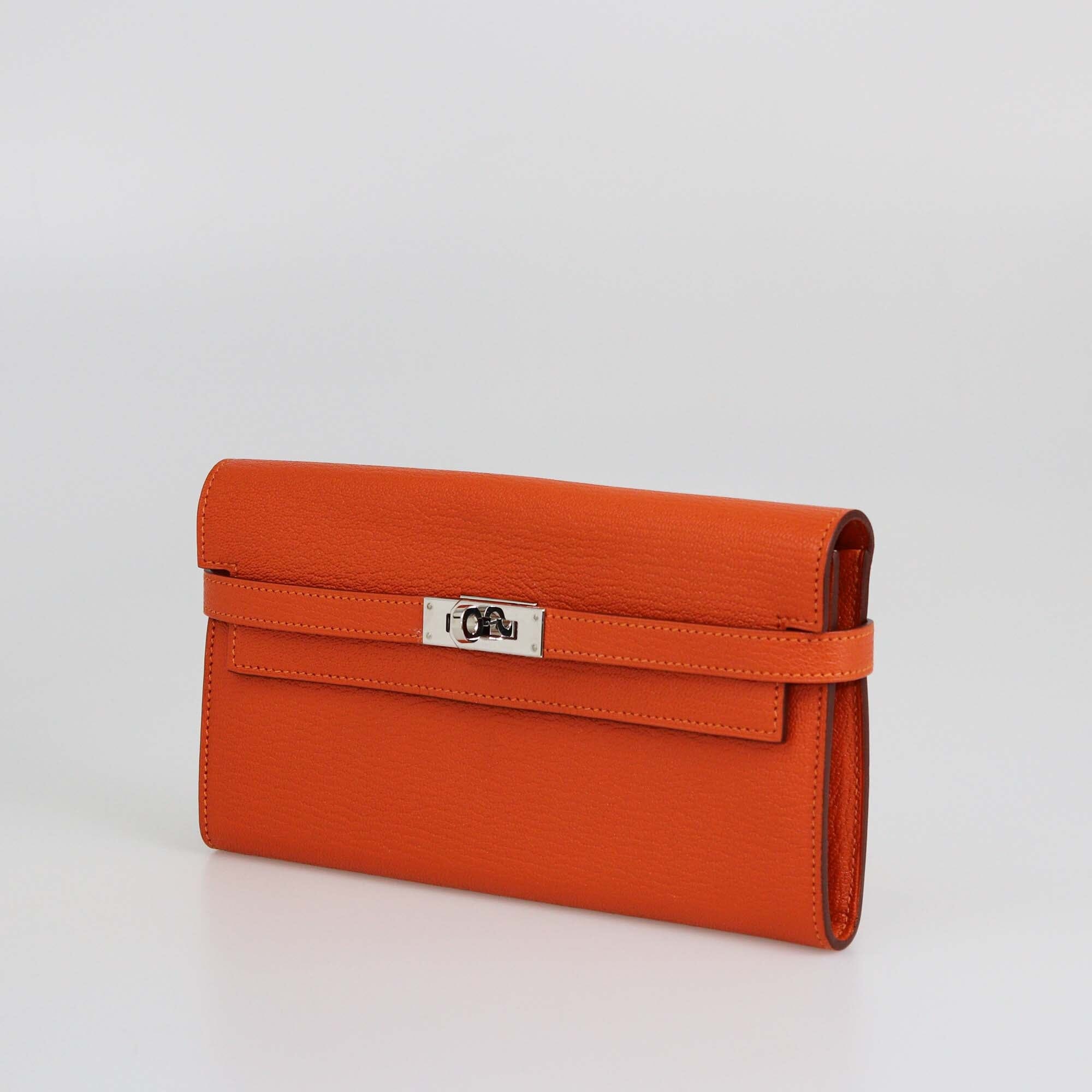 Hermes Orange Chevre Mysore Kelly Long Wallet Womens Hermes 