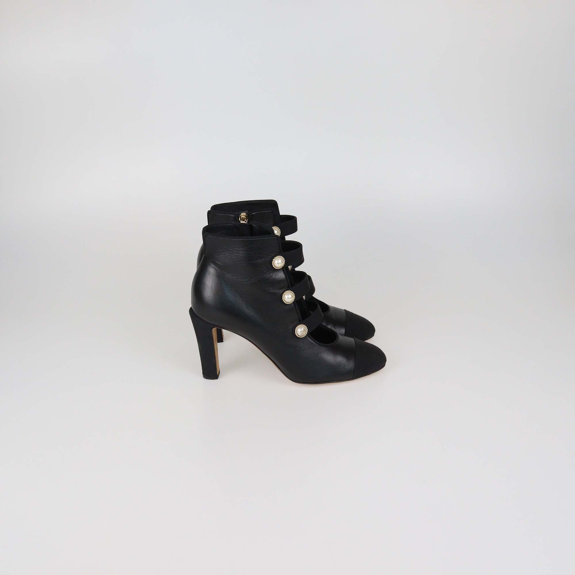 Chanel Black Leather Faux Pearl Embellished Cap Toe Ankle Length Boots