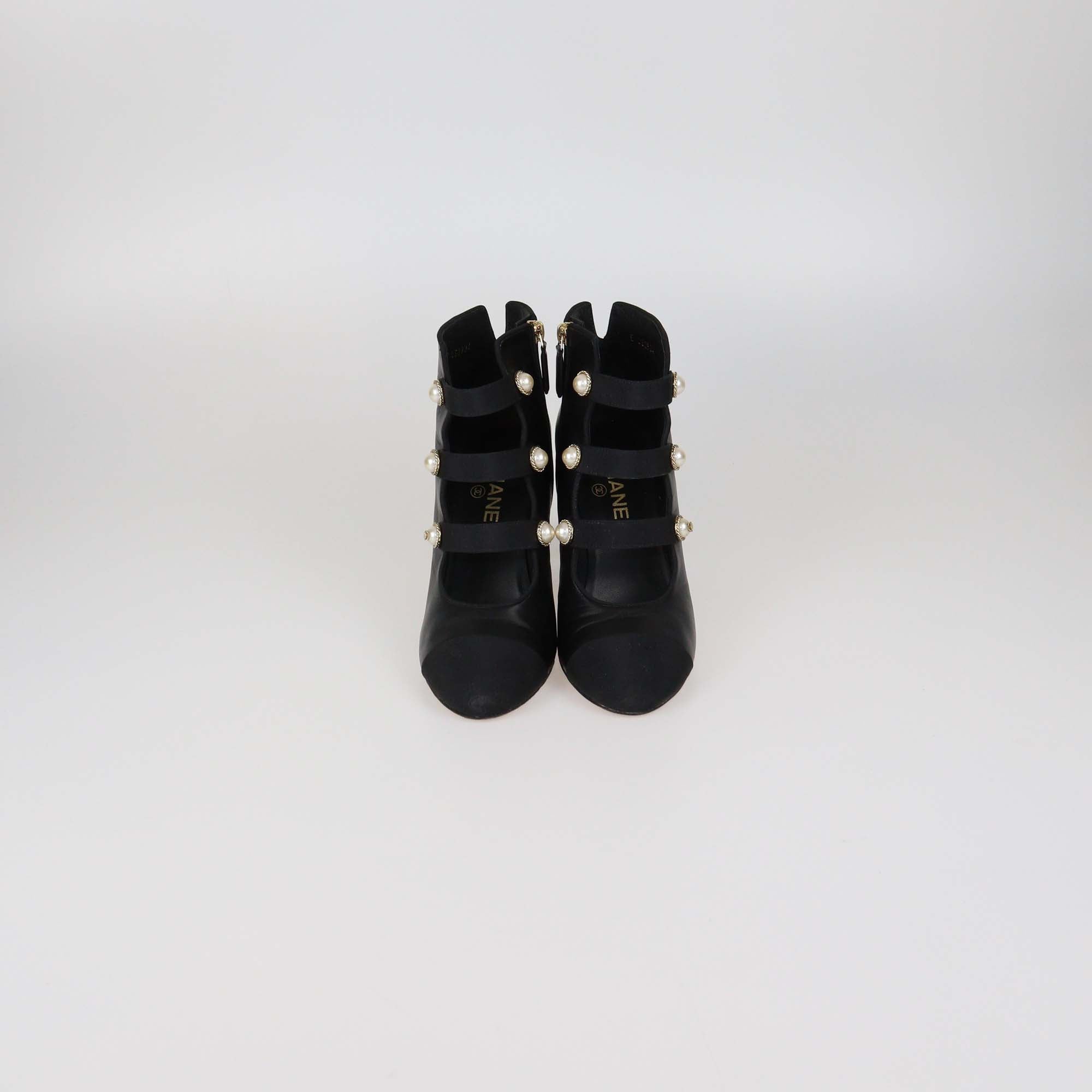 Chanel Black Leather Faux Pearl Embellished Cap Toe Ankle Length Boots