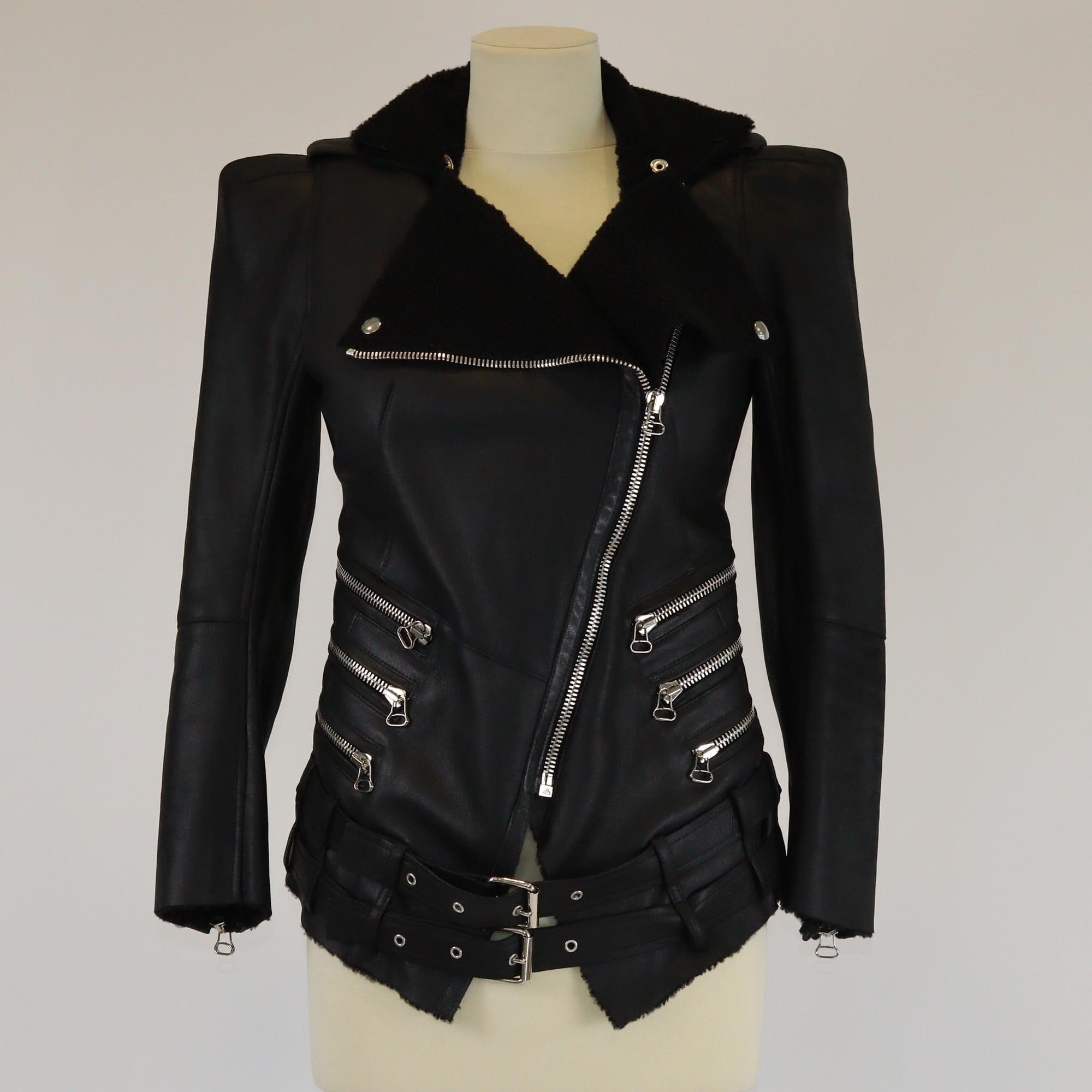 Balmain Black Shearling Leather Biker Jacket Womens Balmain 
