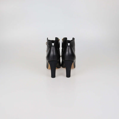 Chanel Black Leather Faux Pearl Embellished Cap Toe Ankle Length Boots