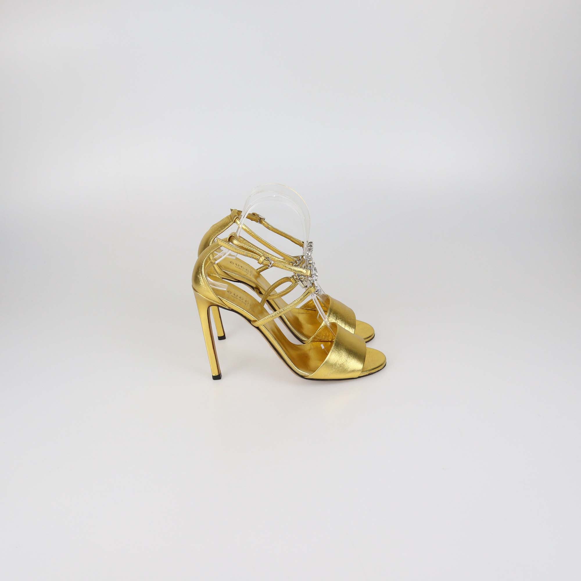 Gucci Gold Leather Crystal Interlocking G Ankle Strap Sandals