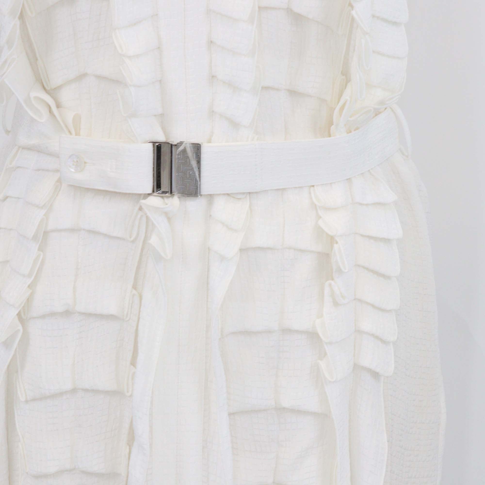 Hermes Off White Silk Ruffled Cocarde belted Halter Neck Midi Dress