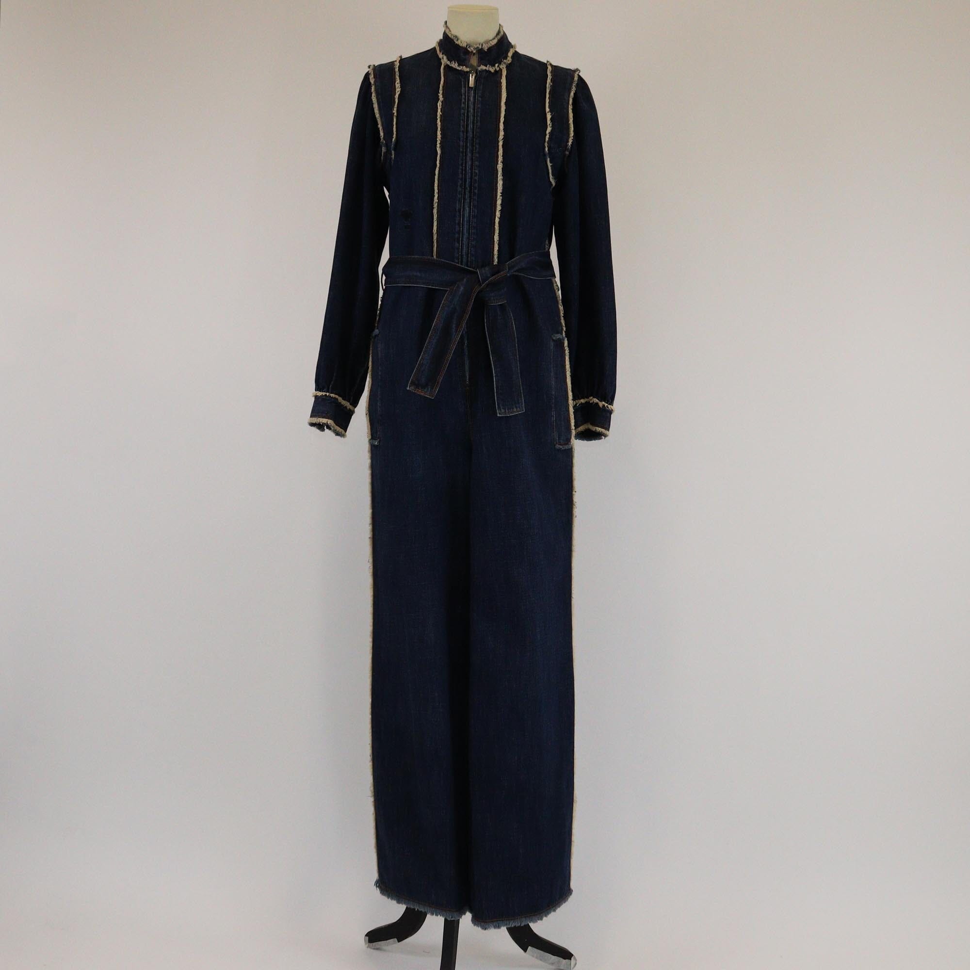 Christian Dior Dark Blue Denim Zip Front Belted Jumpsuit Womens Christian Dior 