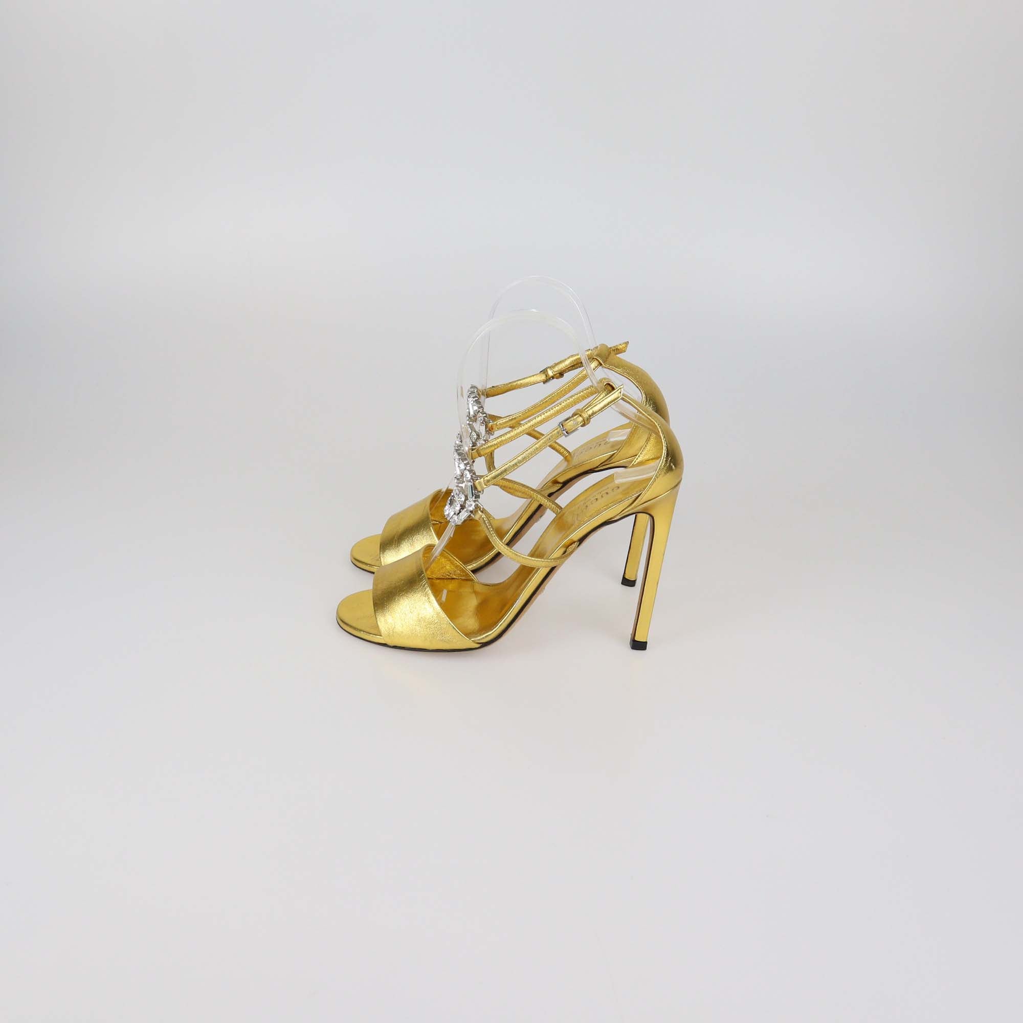 Gucci Gold Leather Crystal Interlocking G Ankle Strap Sandals