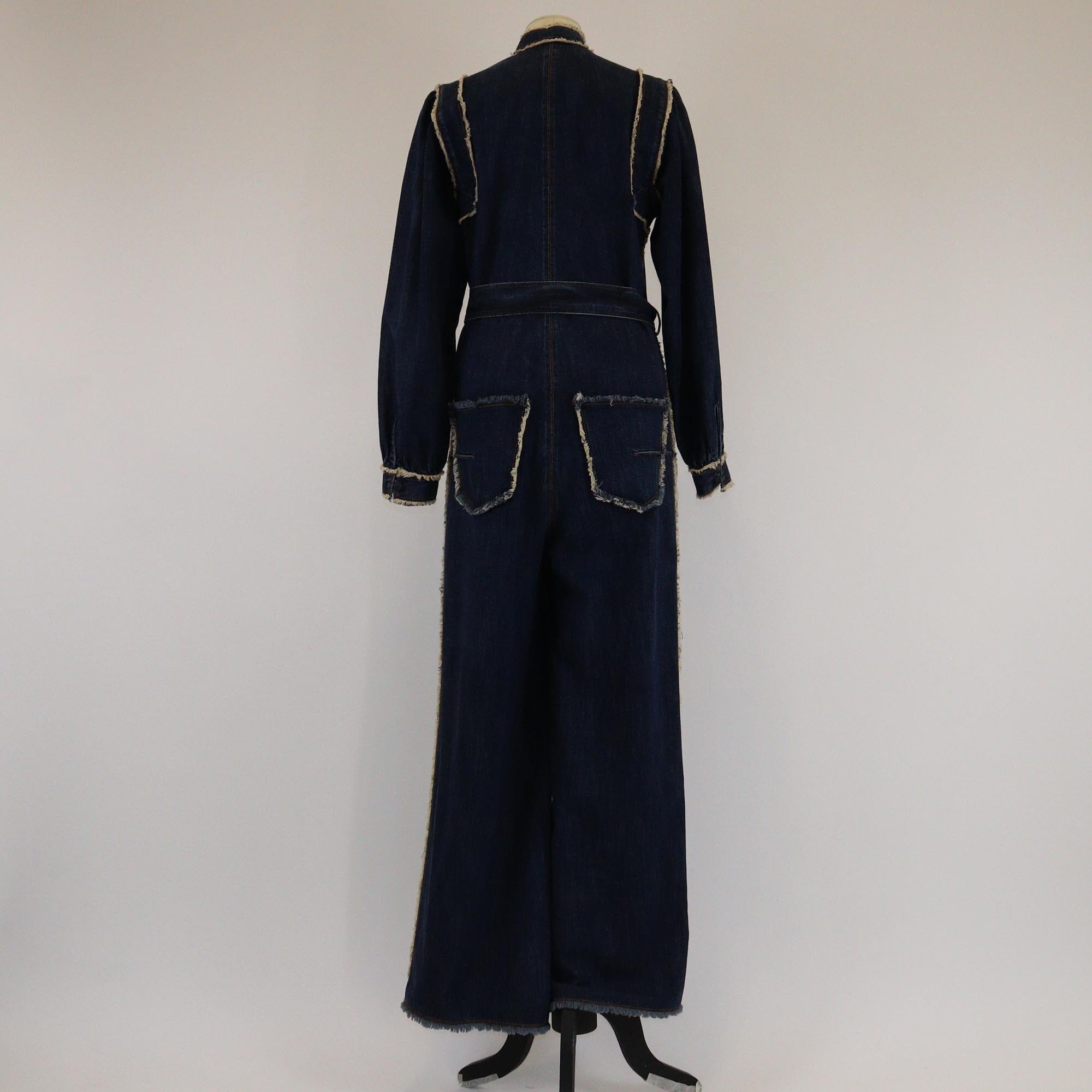 Christian Dior Dark Blue Denim Zip Front Belted Jumpsuit Womens Christian Dior 