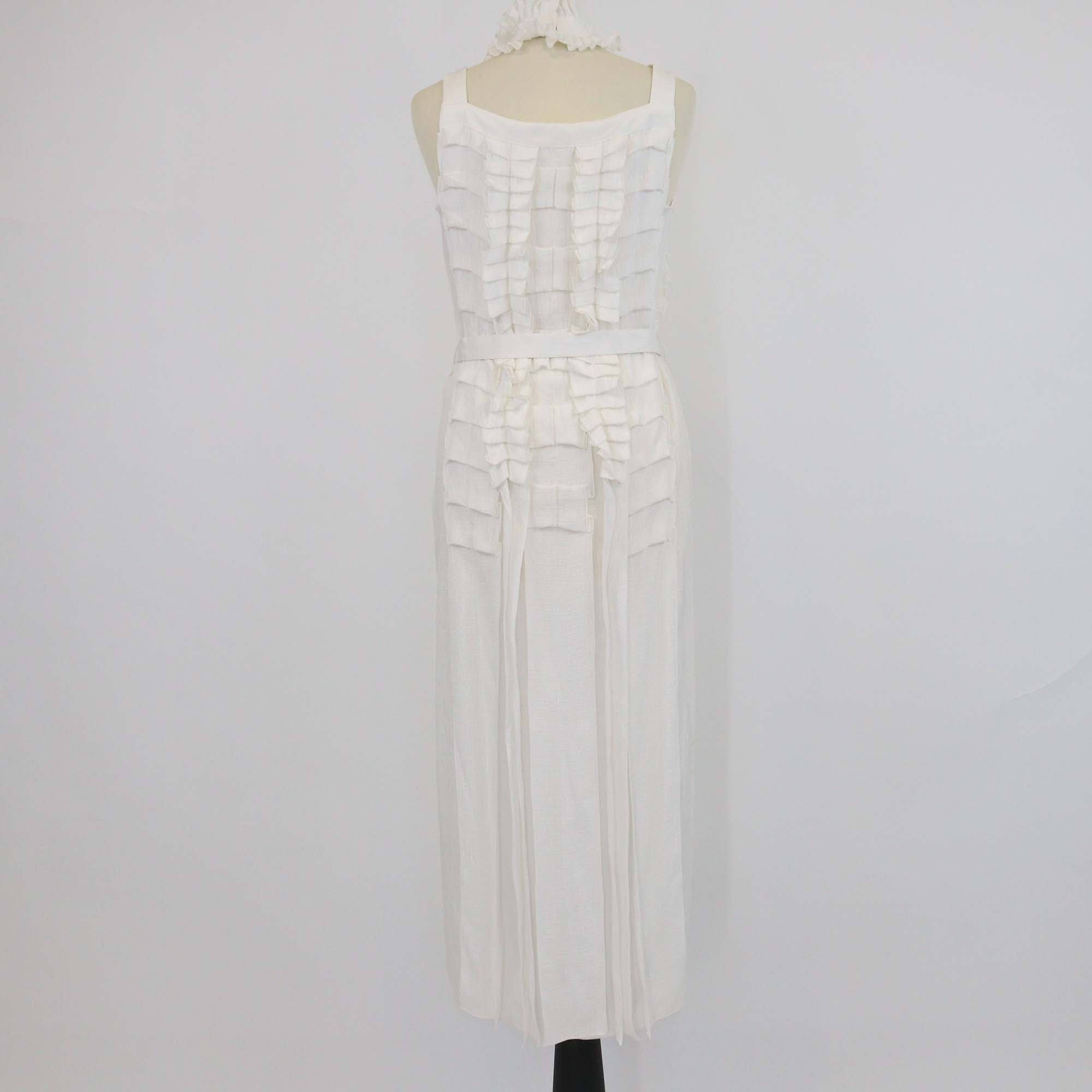 Hermes Off White Silk Ruffled Cocarde belted Halter Neck Midi Dress