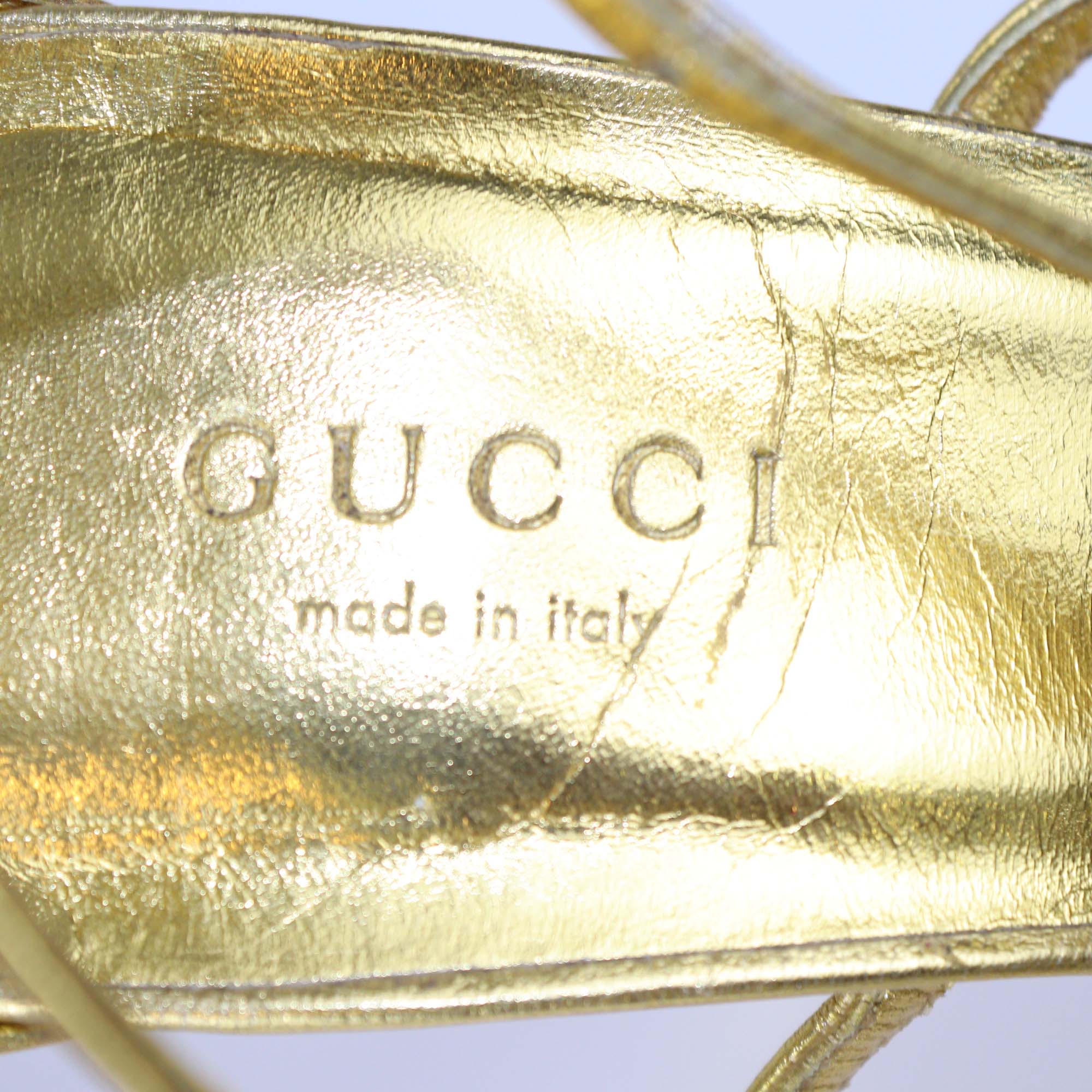 Gucci Gold Leather Crystal Interlocking G Ankle Strap Sandals