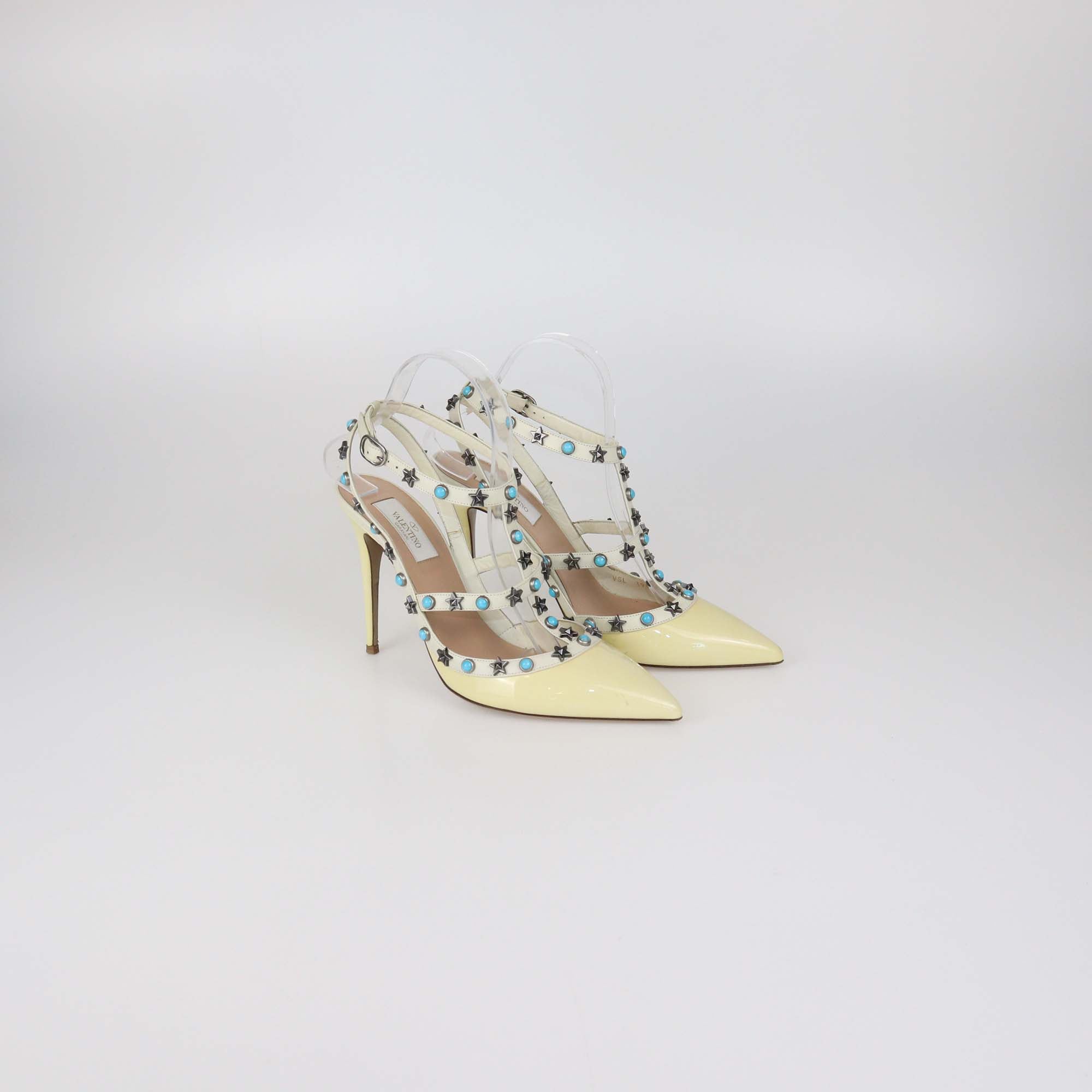 Valentino Cream/White Patent Leather Rolling Rockstud Caged Pumps