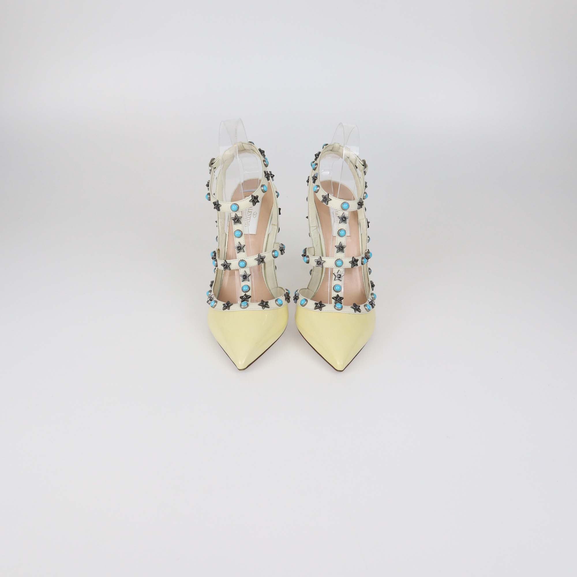 Valentino Cream/White Patent Leather Rolling Rockstud Caged Pumps