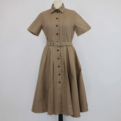 Christian Dior Brown Blend Cotton Pleated Belted Midi Dress