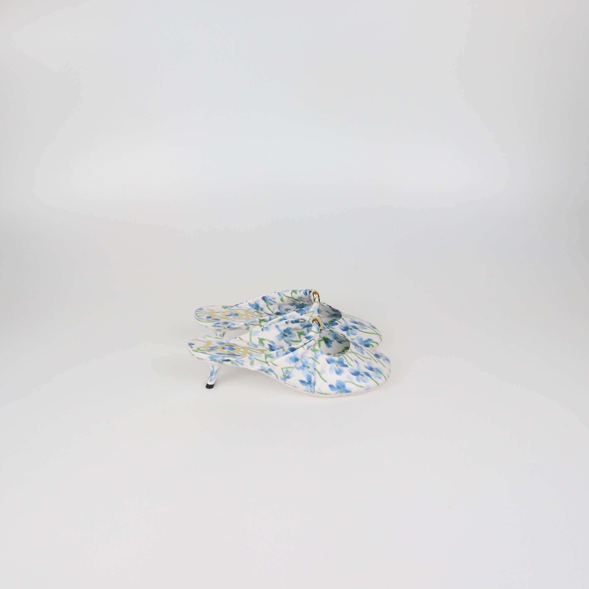 Loewe White/Blue Floral Printed Leather Pebble Soft 45 Mules