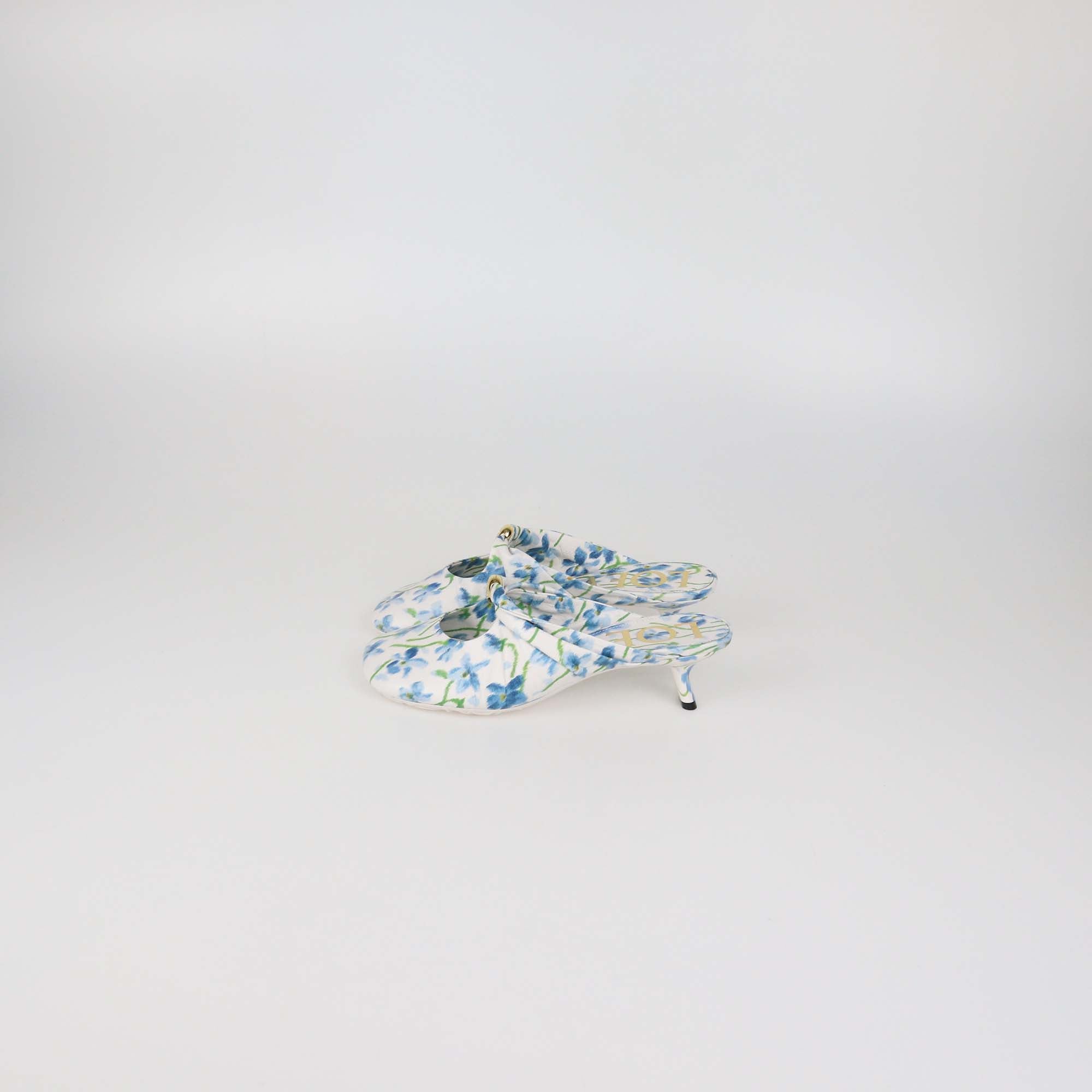 Loewe White/Blue Floral Printed Leather Pebble Soft 45 Mules