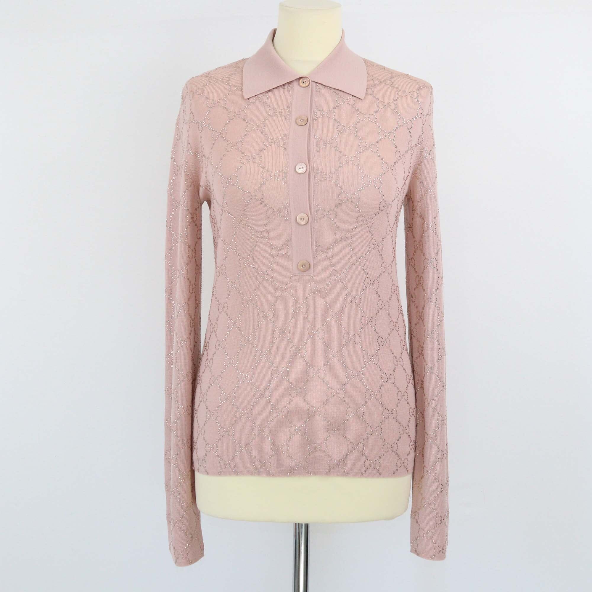 Gucci Pink Crystal Monogram Long Sleeve Polo Shirt Womens Gucci 