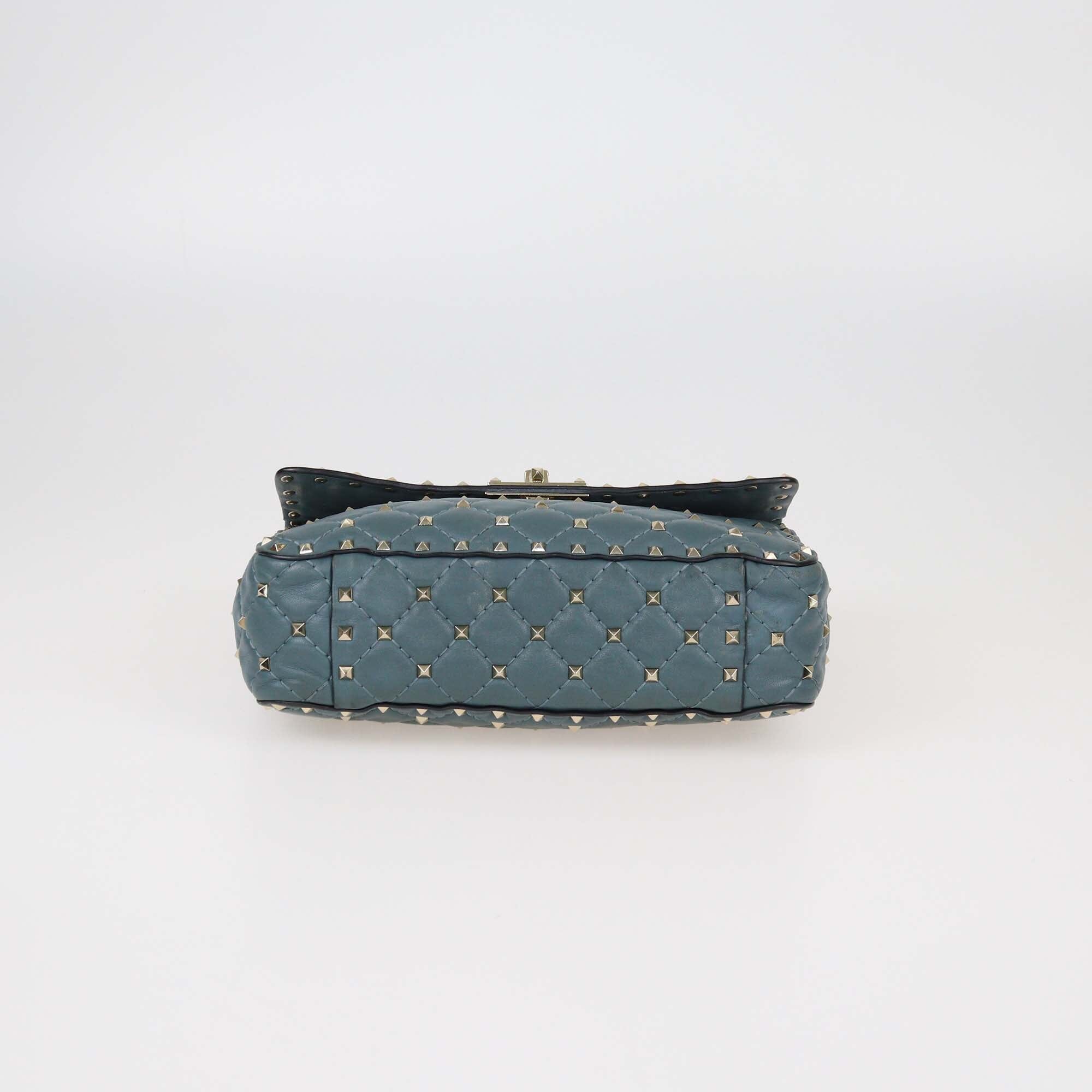Valentino Sand Blue Quilted Medium Rockstud Spiked Top Handle Bag Womens Valentino 