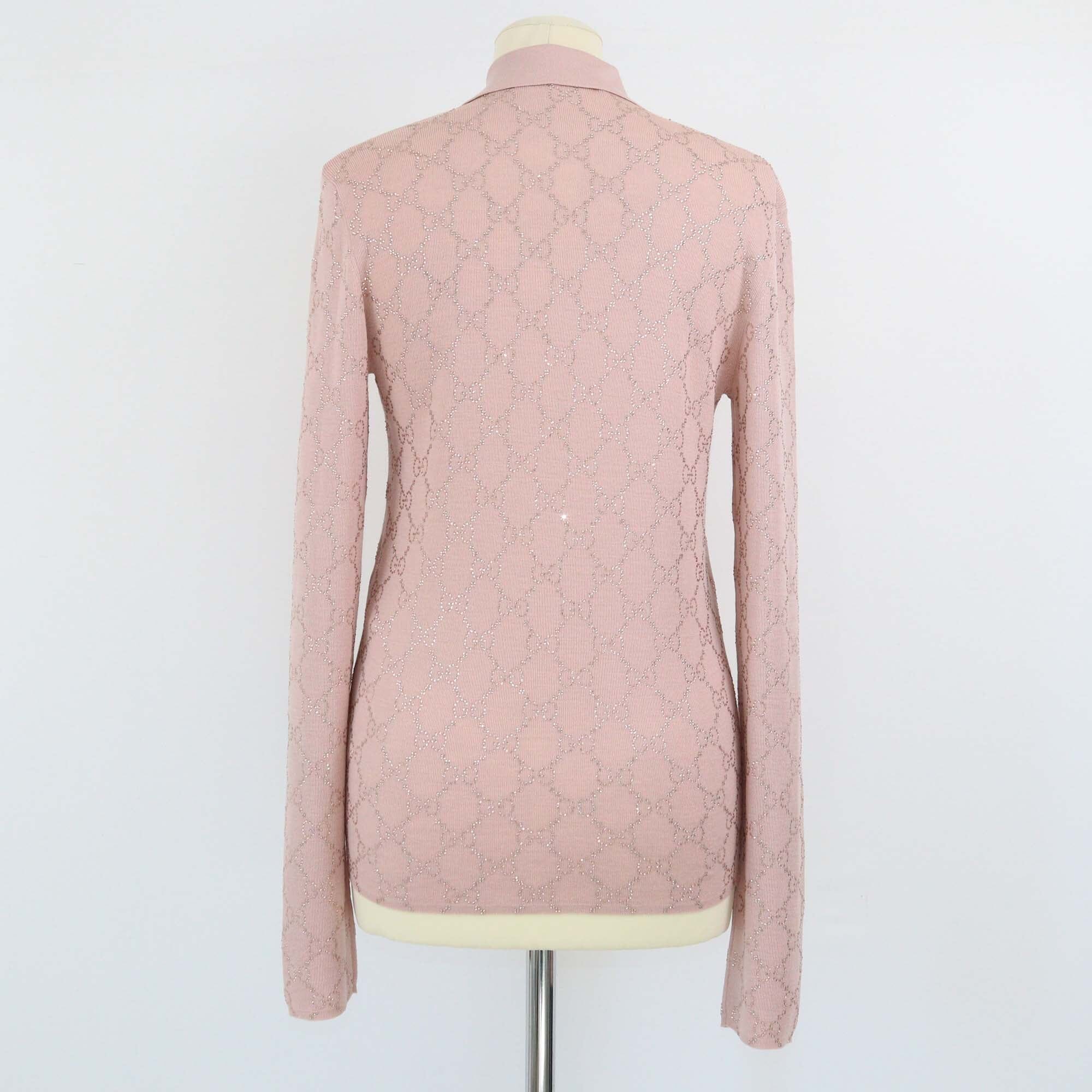 Gucci Pink Crystal Monogram Long Sleeve Polo Shirt Womens Gucci 