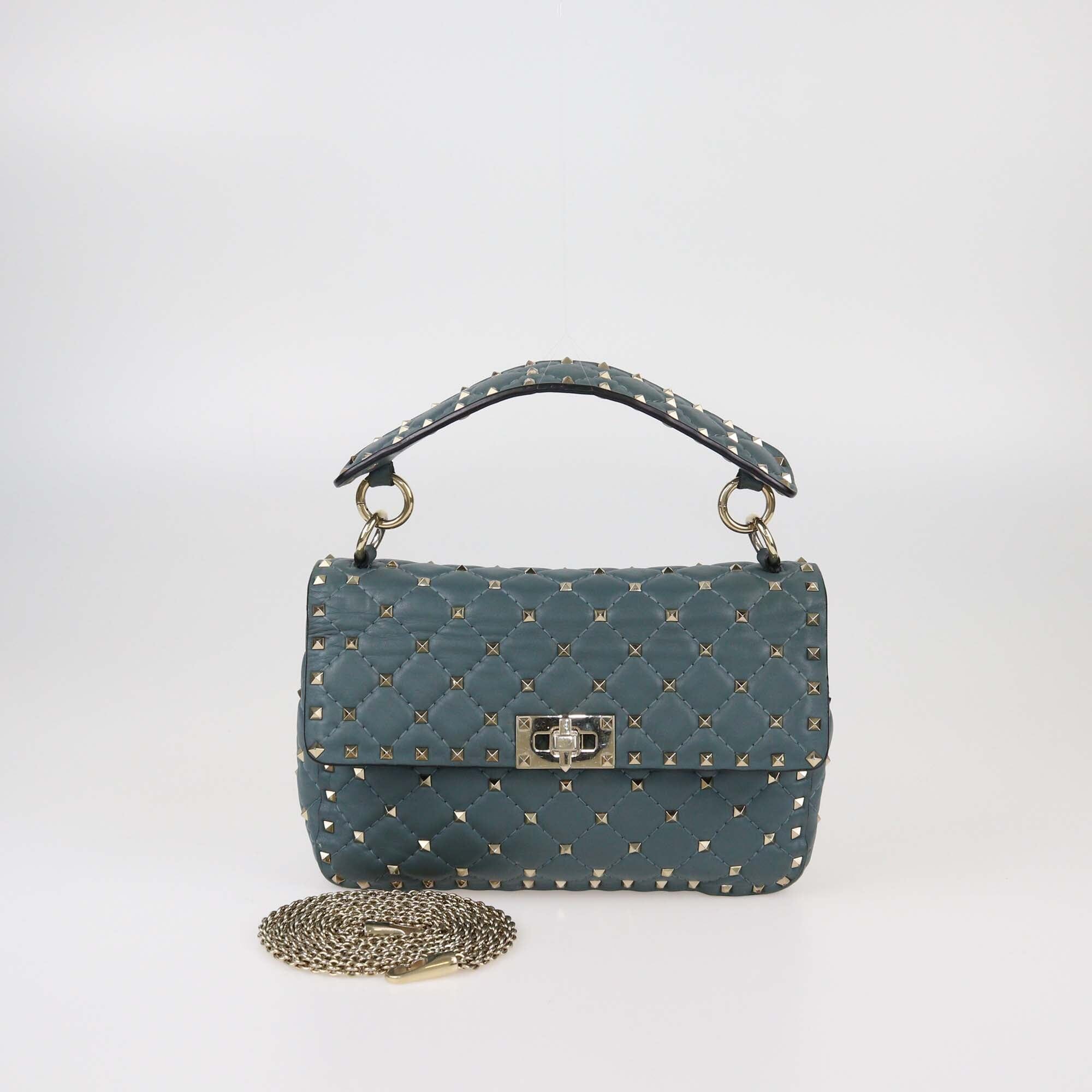 Valentino Sand Blue Quilted Medium Rockstud Spiked Top Handle Bag Womens Valentino 