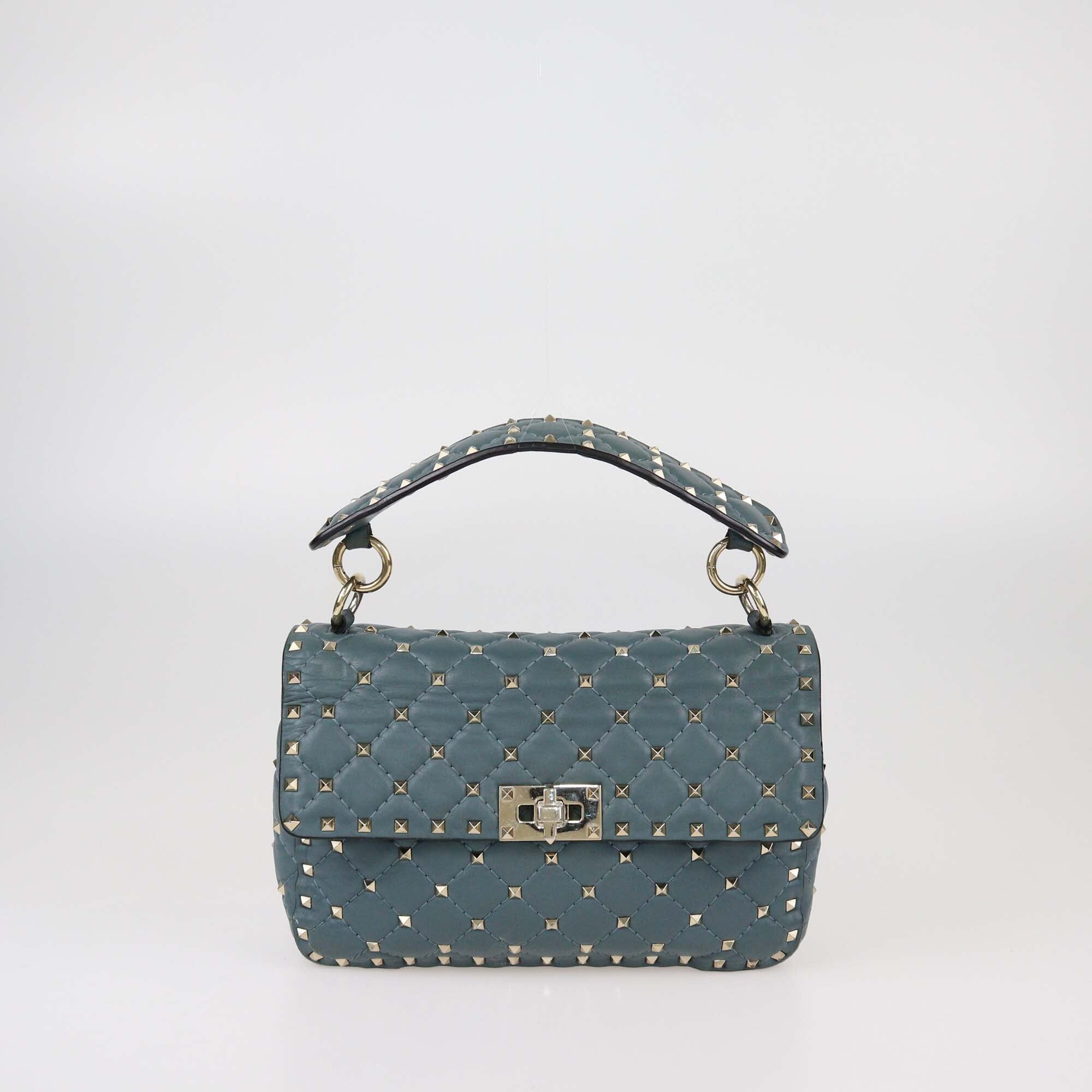 Valentino Sand Blue Quilted Medium Rockstud Spiked Top Handle Bag Womens Valentino 