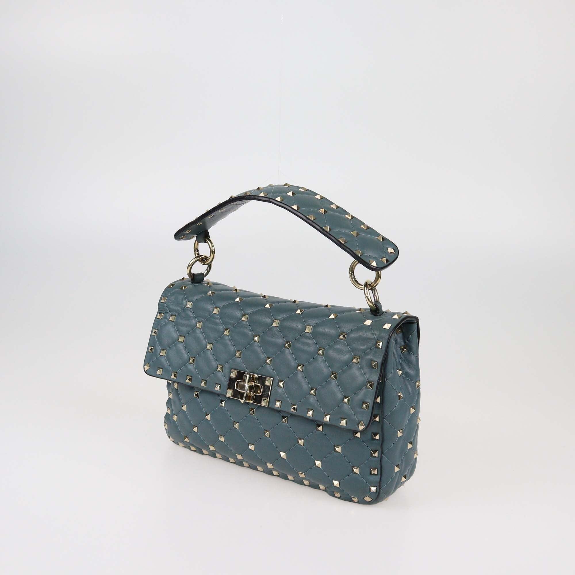 Valentino Sand Blue Quilted Medium Rockstud Spiked Top Handle Bag Womens Valentino 