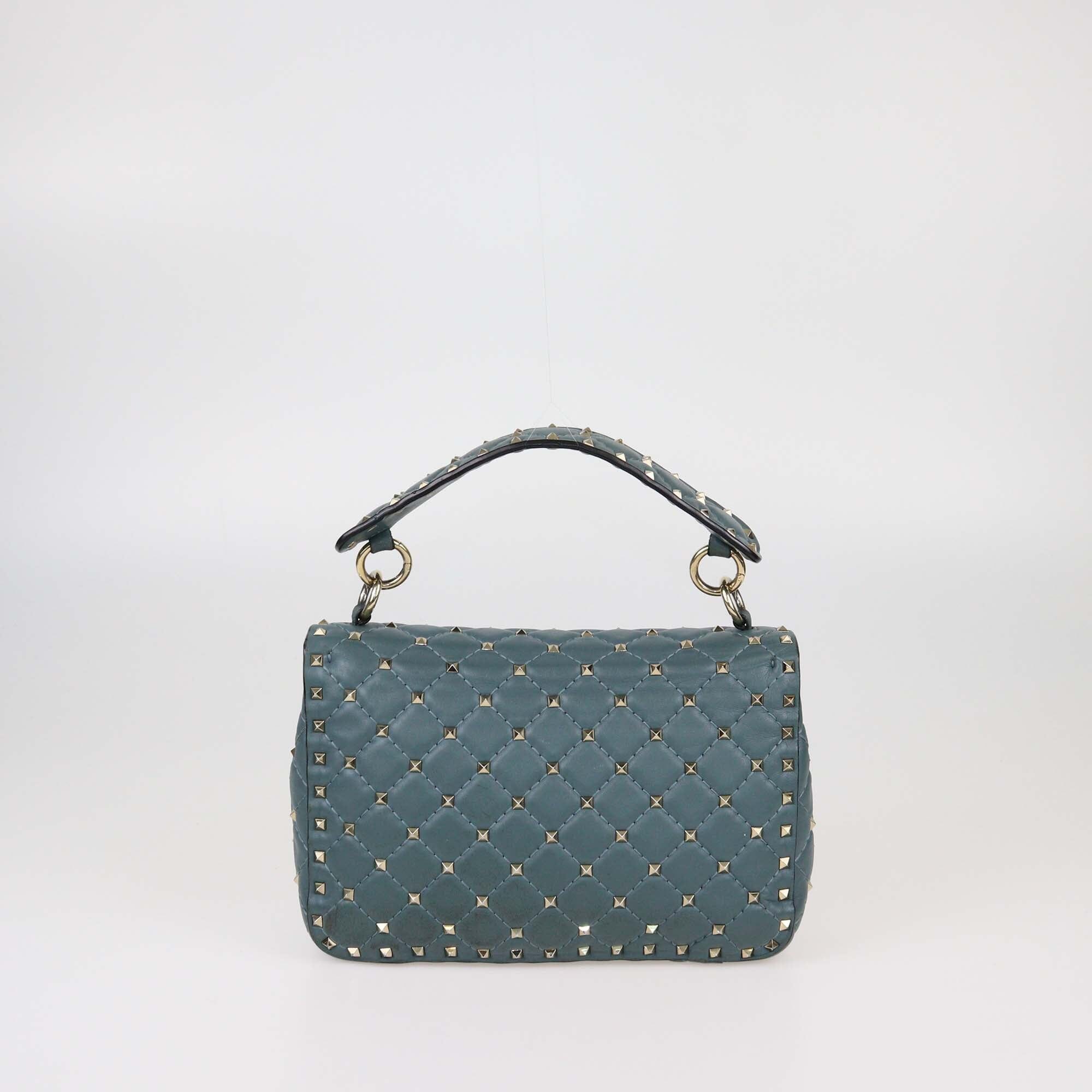 Valentino Sand Blue Quilted Medium Rockstud Spiked Top Handle Bag Womens Valentino 