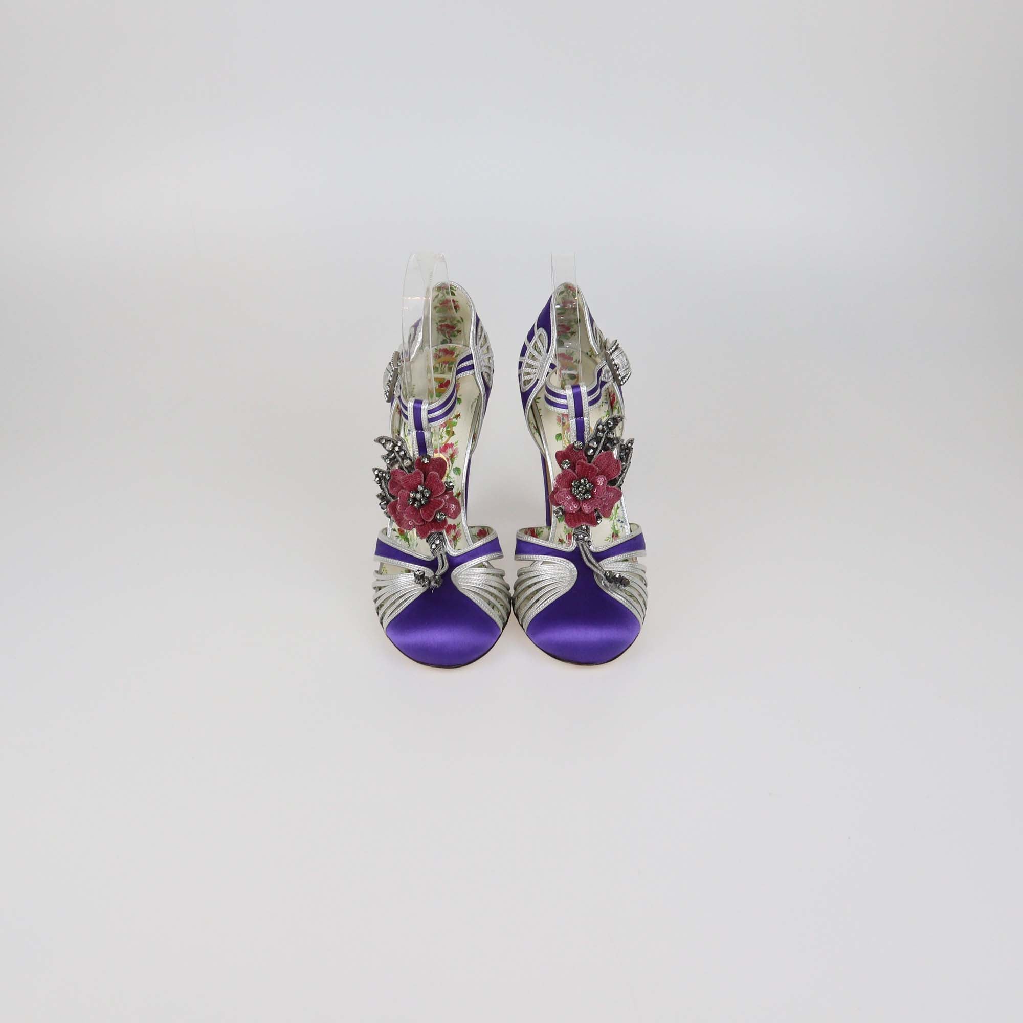 Gucci Purple/Silver Satin and Leather Flower Embellished T Strap Pumps