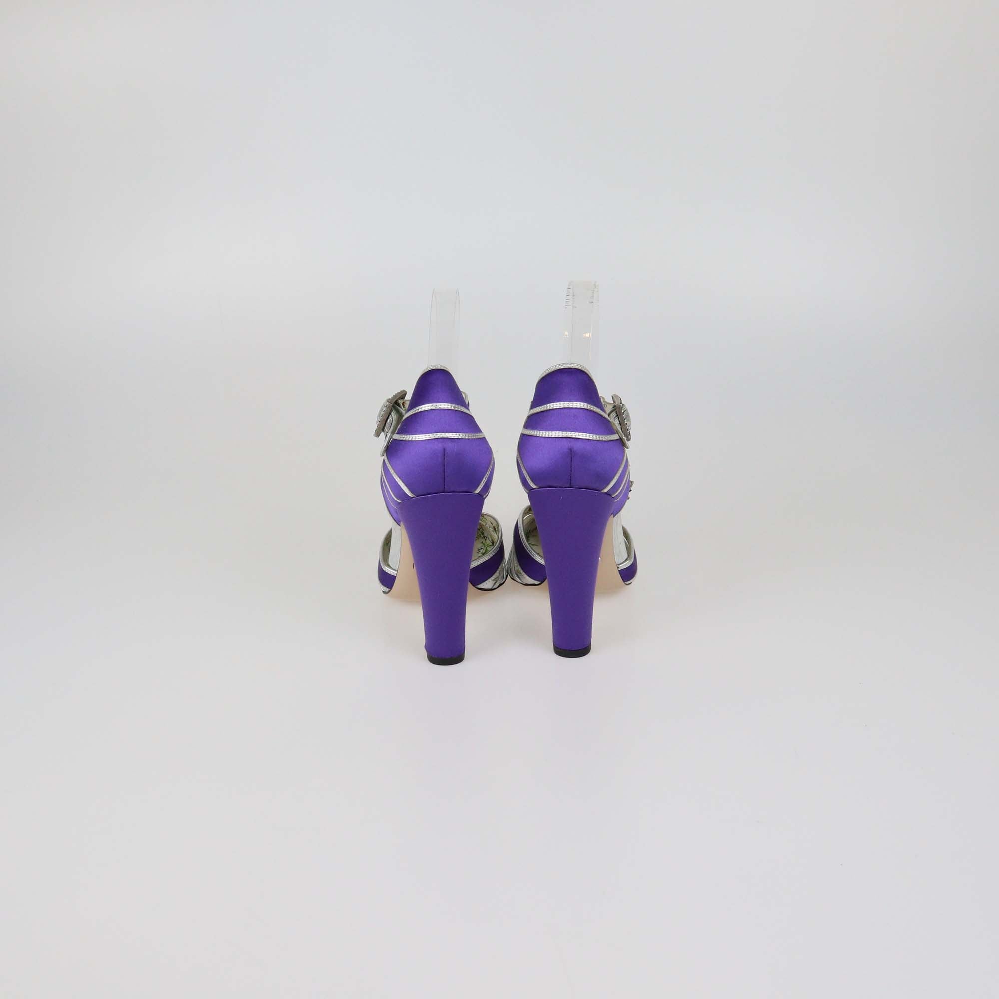 Gucci Purple/Silver Satin and Leather Flower Embellished T Strap Pumps