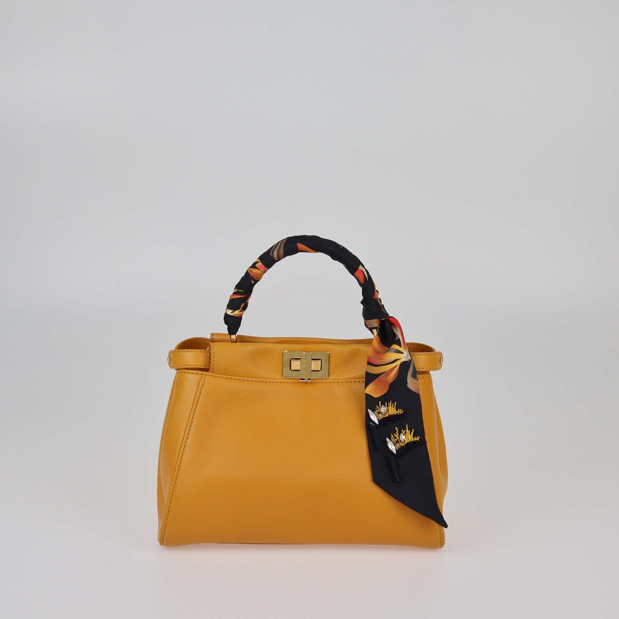 Fendi Mustard Yellow Leather Mini Peekaboo Top Handle Bag w/Fendi Defender Cover and Bandeau Womens Fendi 