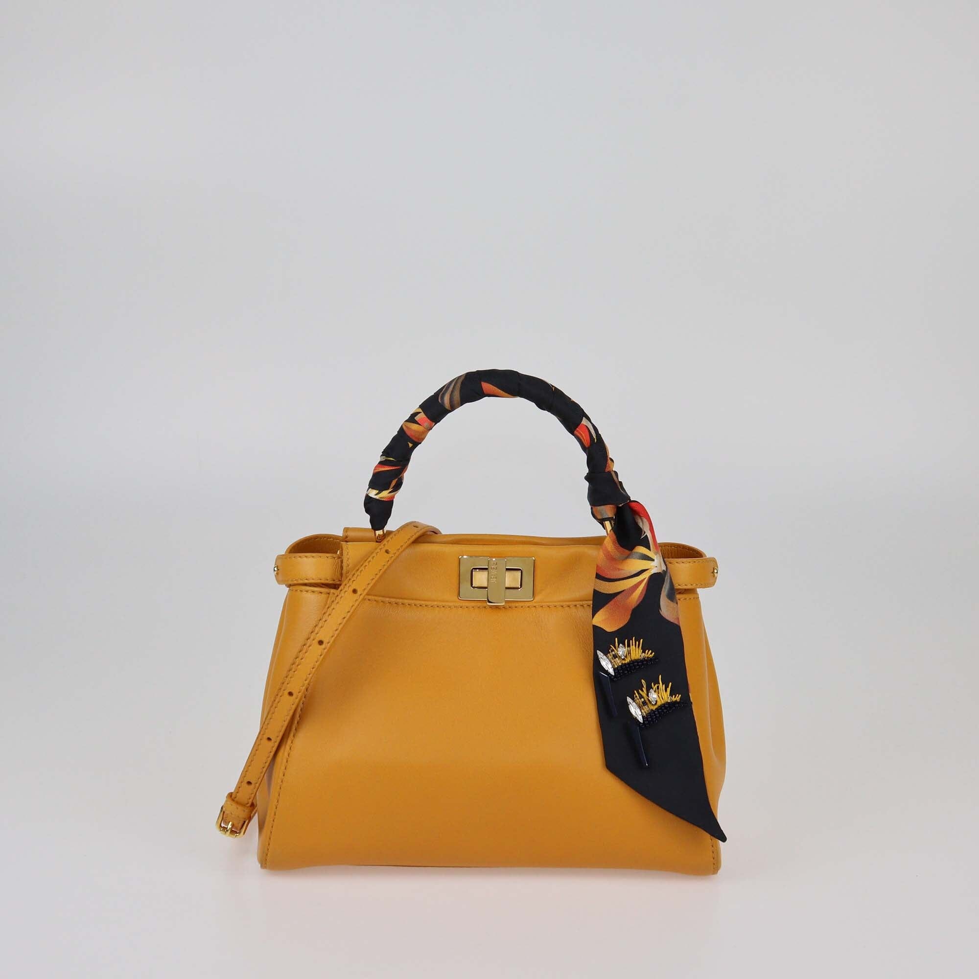 Fendi Mustard Yellow Leather Mini Peekaboo Top Handle Bag w/Fendi Defender Cover and Bandeau Womens Fendi 