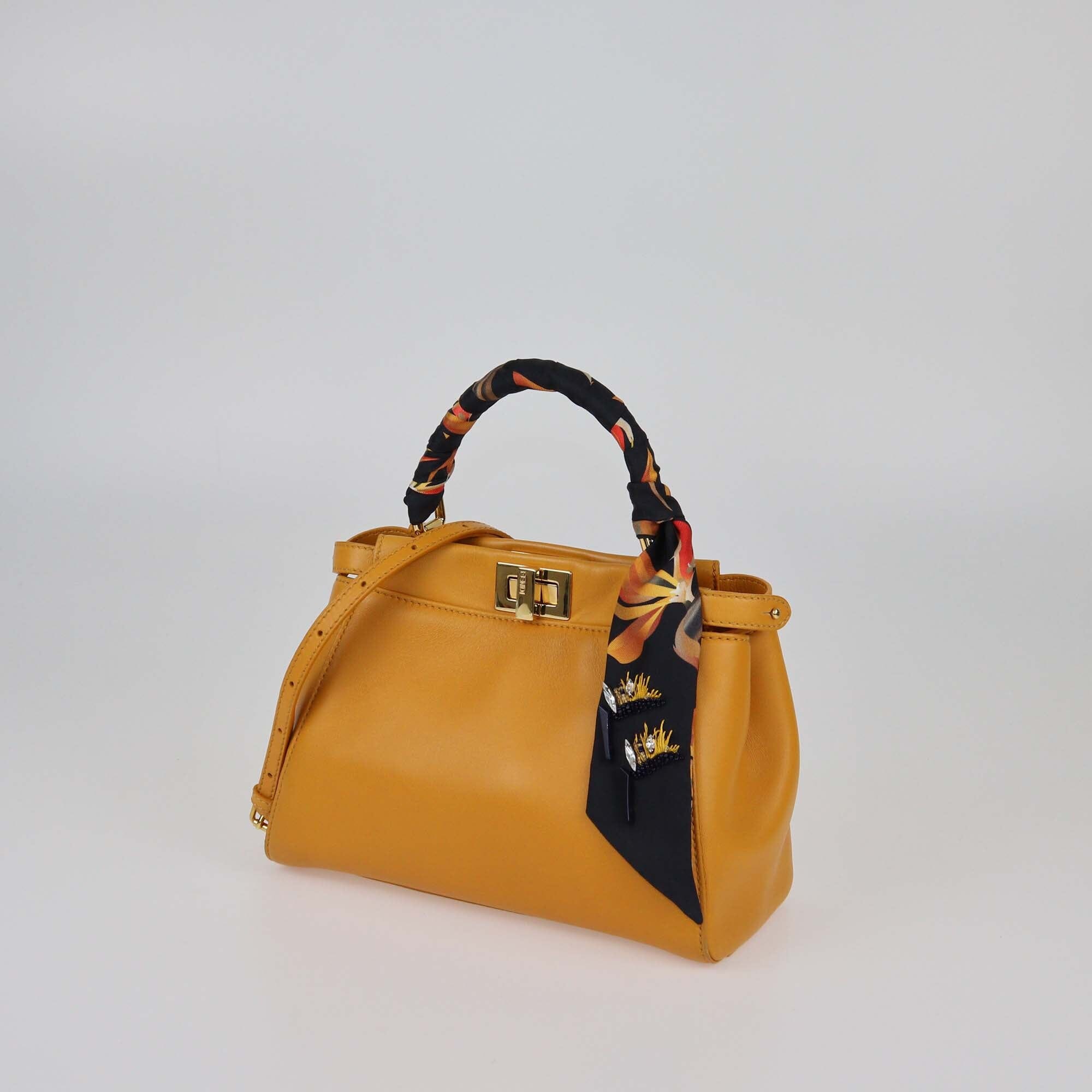 Fendi Mustard Yellow Leather Mini Peekaboo Top Handle Bag w/Fendi Defender Cover and Bandeau Womens Fendi 