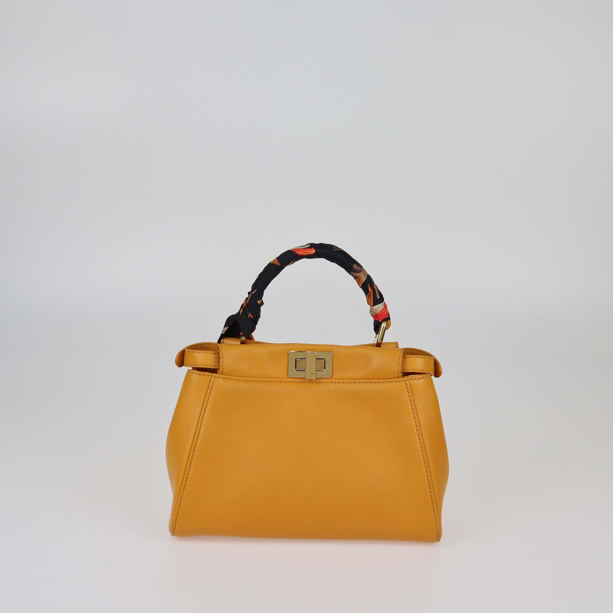 Fendi Mustard Yellow Leather Mini Peekaboo Top Handle Bag w/Fendi Defender Cover and Bandeau Womens Fendi 