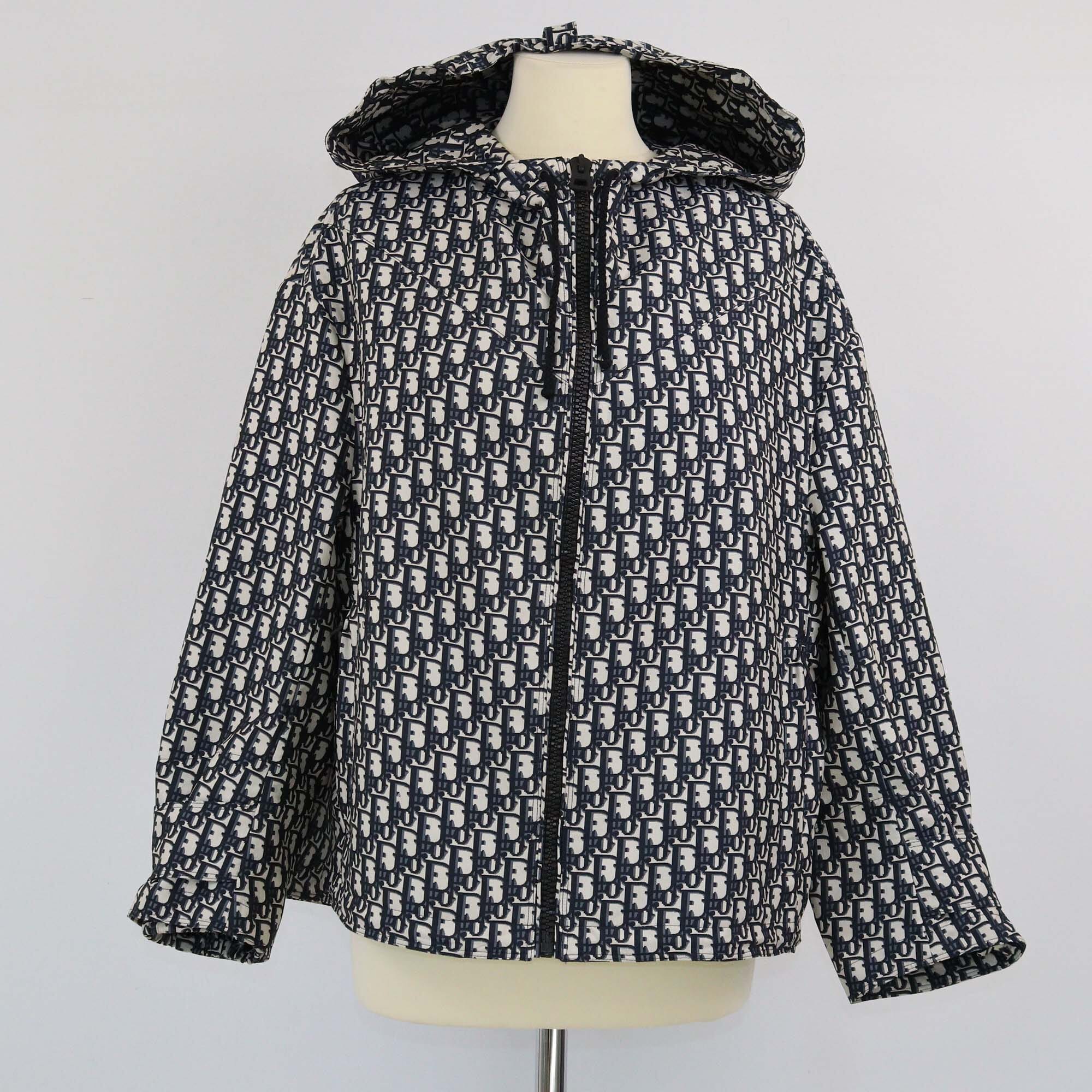 Christian Dior Blue Oblique Jacquard Technical Taffeta Hooded Jacket Womens Christian Dior 