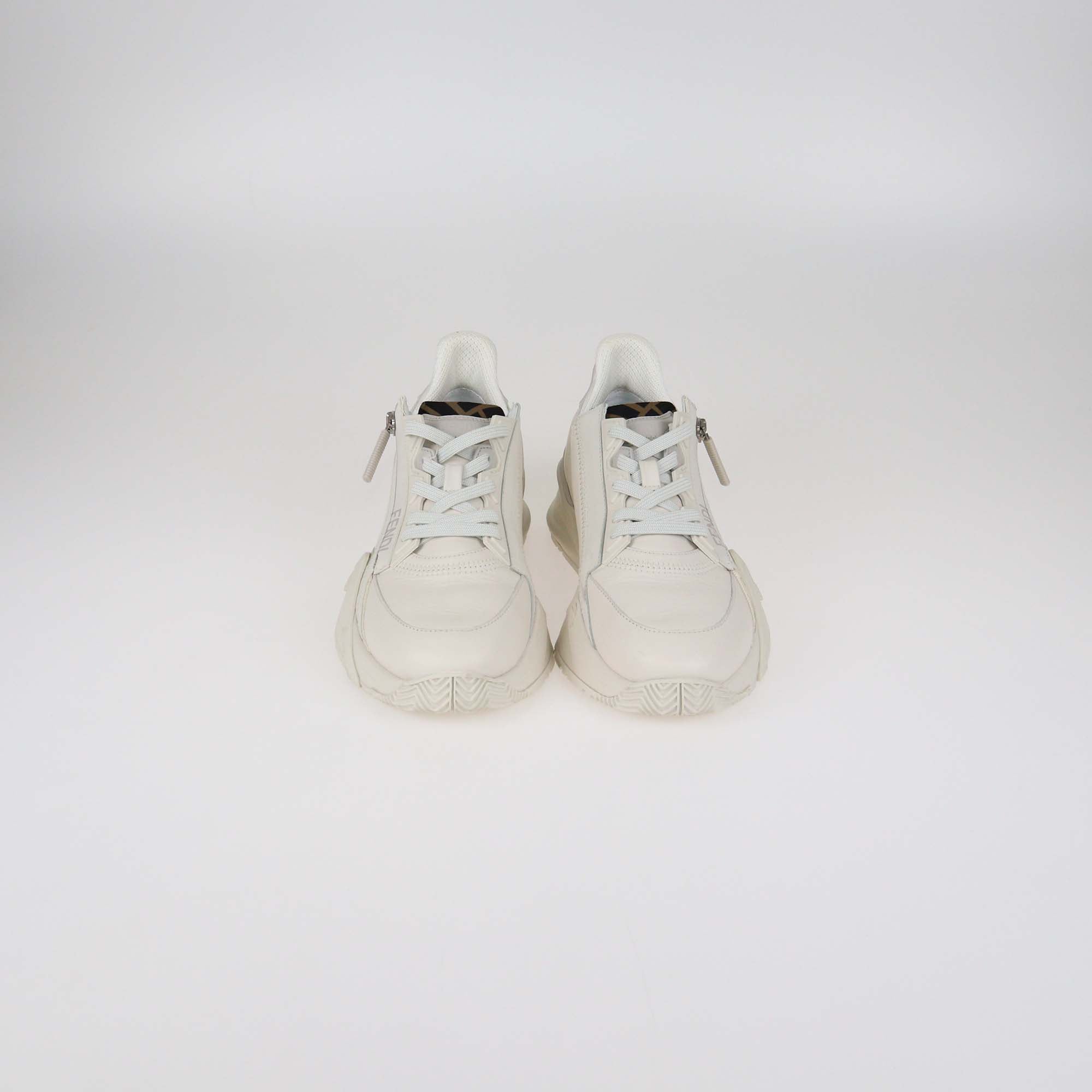 Fendi White FF Fabric and Leather Flow Low Top Sneakers