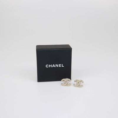 Chanel Pale Gold Tone Metal CC Faux Pearl Stud Earrings