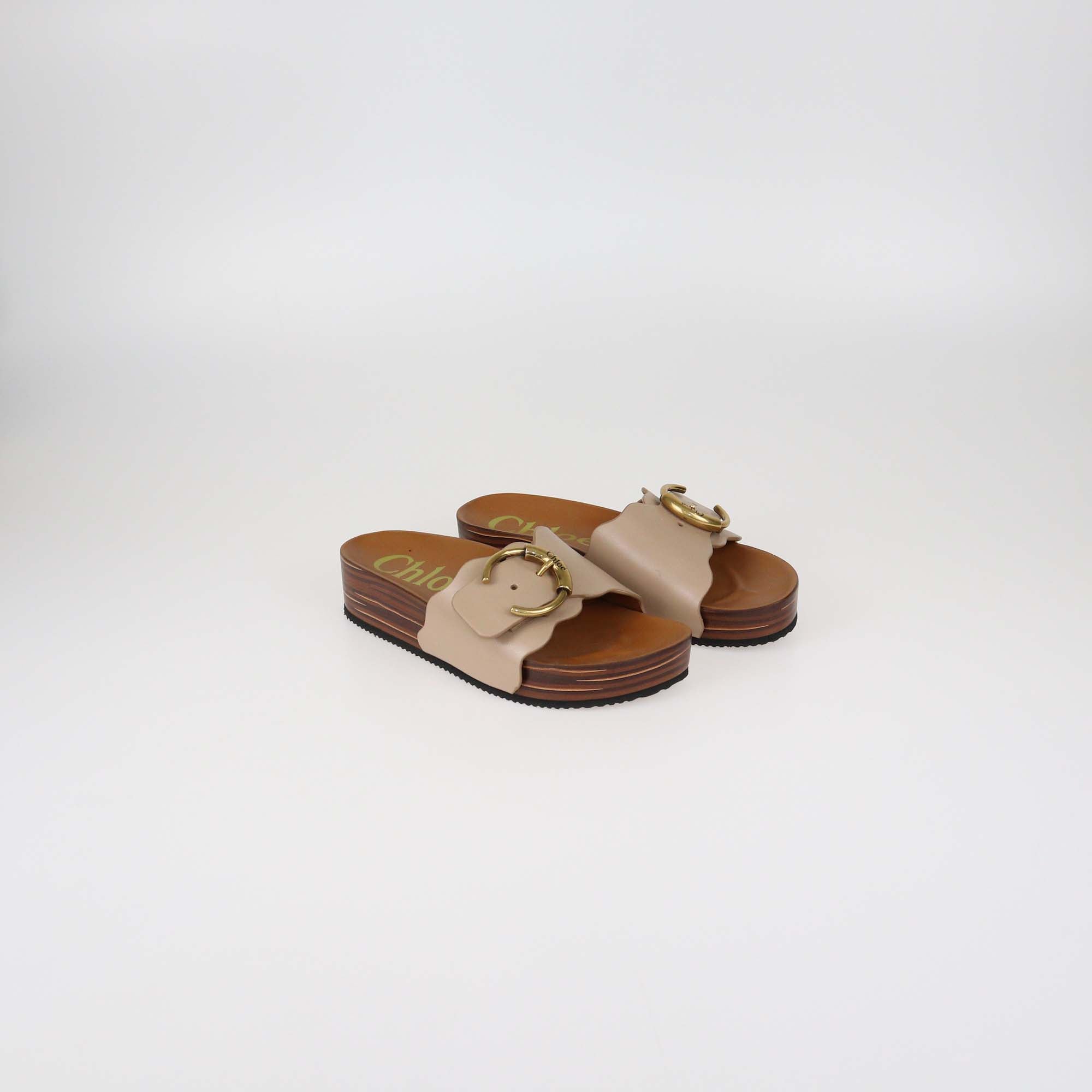 Chloe Beige Leather Lauren Buckle Platform Slide Sandals