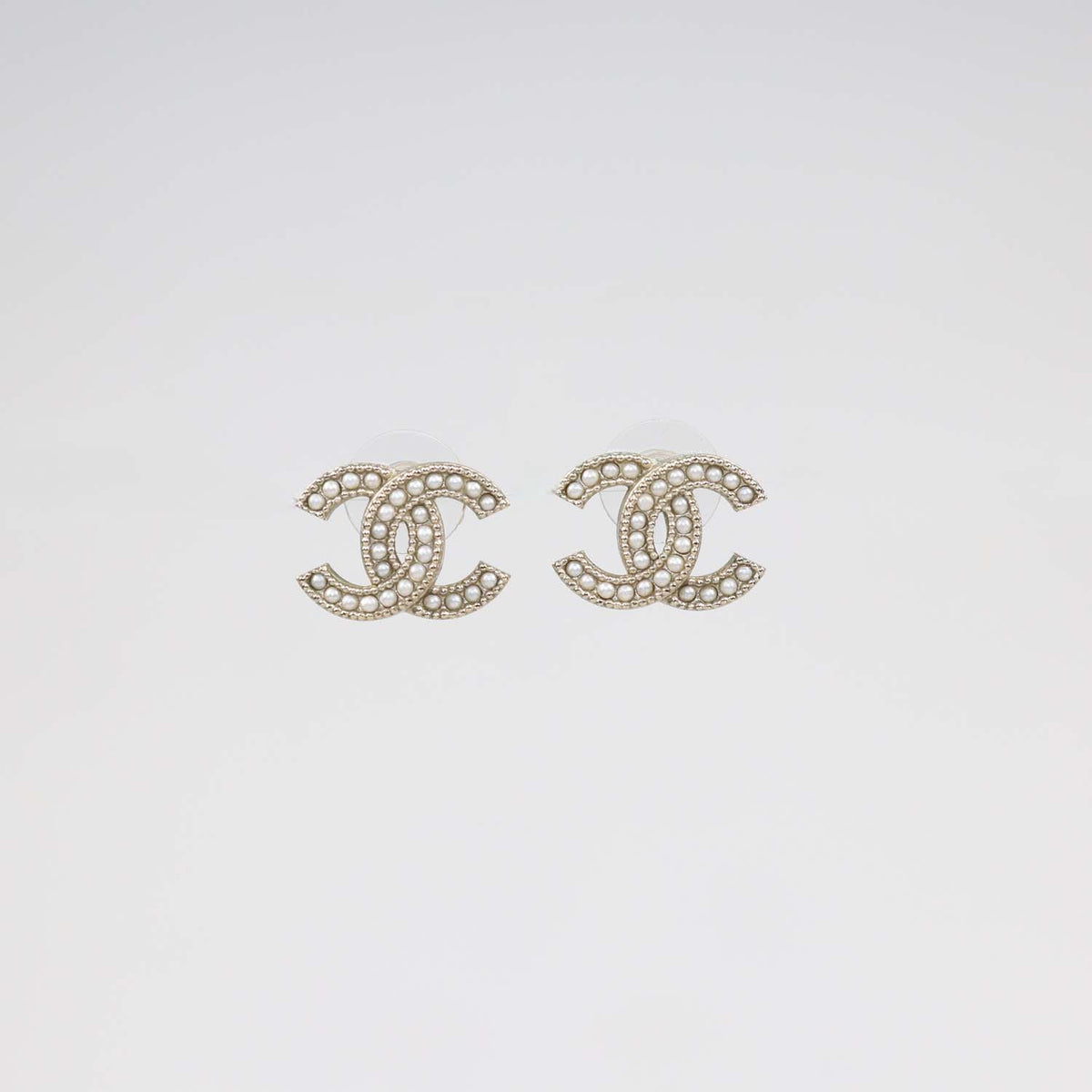 Chanel Pale Gold Tone Metal CC Faux Pearl Stud Earrings