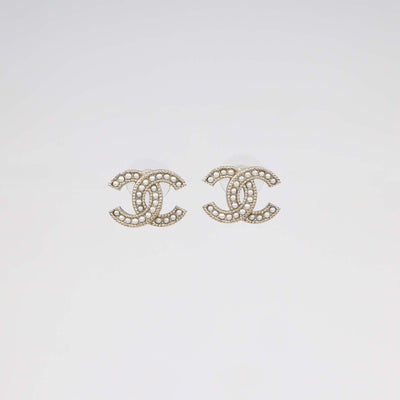 Chanel Pale Gold Tone Metal CC Faux Pearl Stud Earrings
