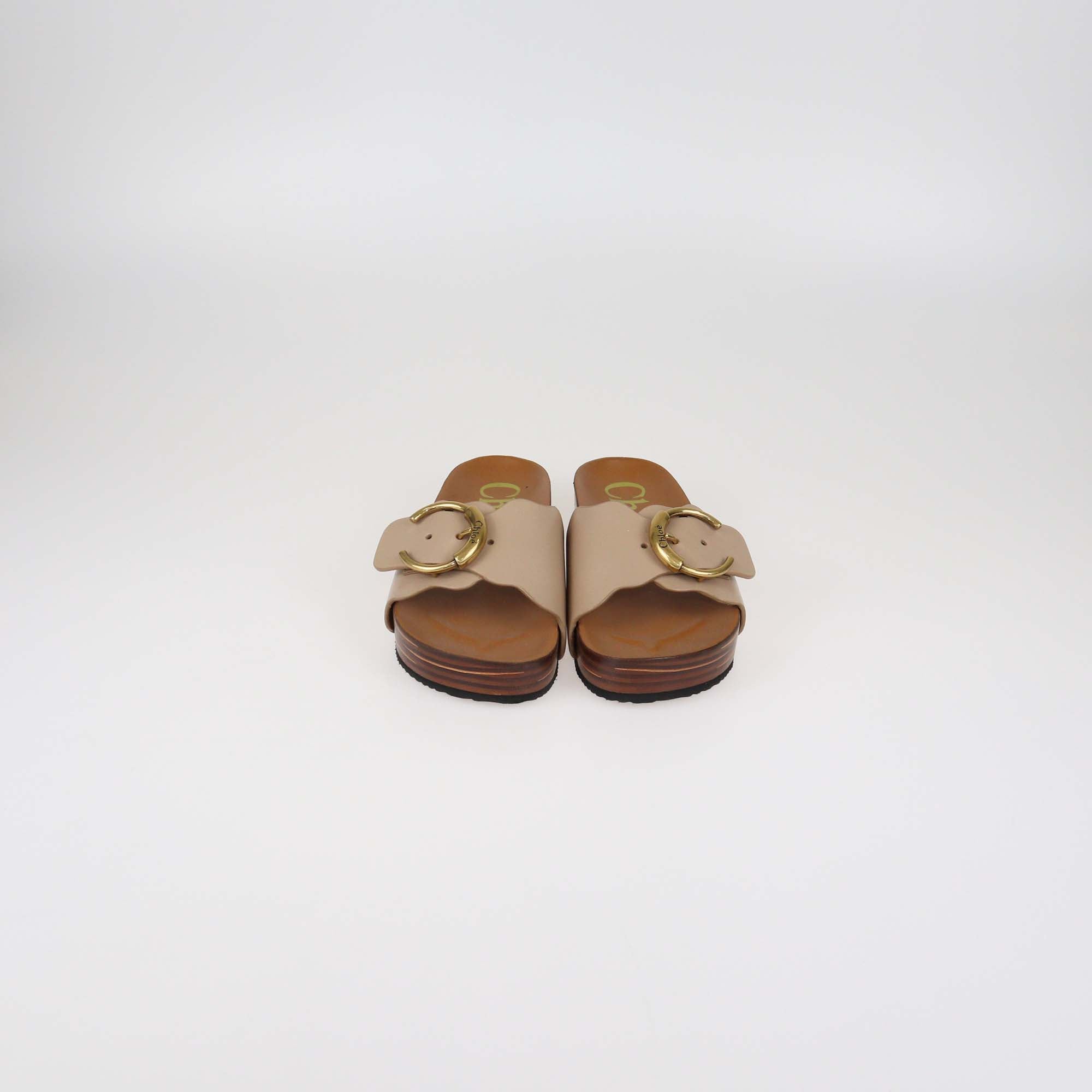 Chloe Beige Leather Lauren Buckle Platform Slide Sandals