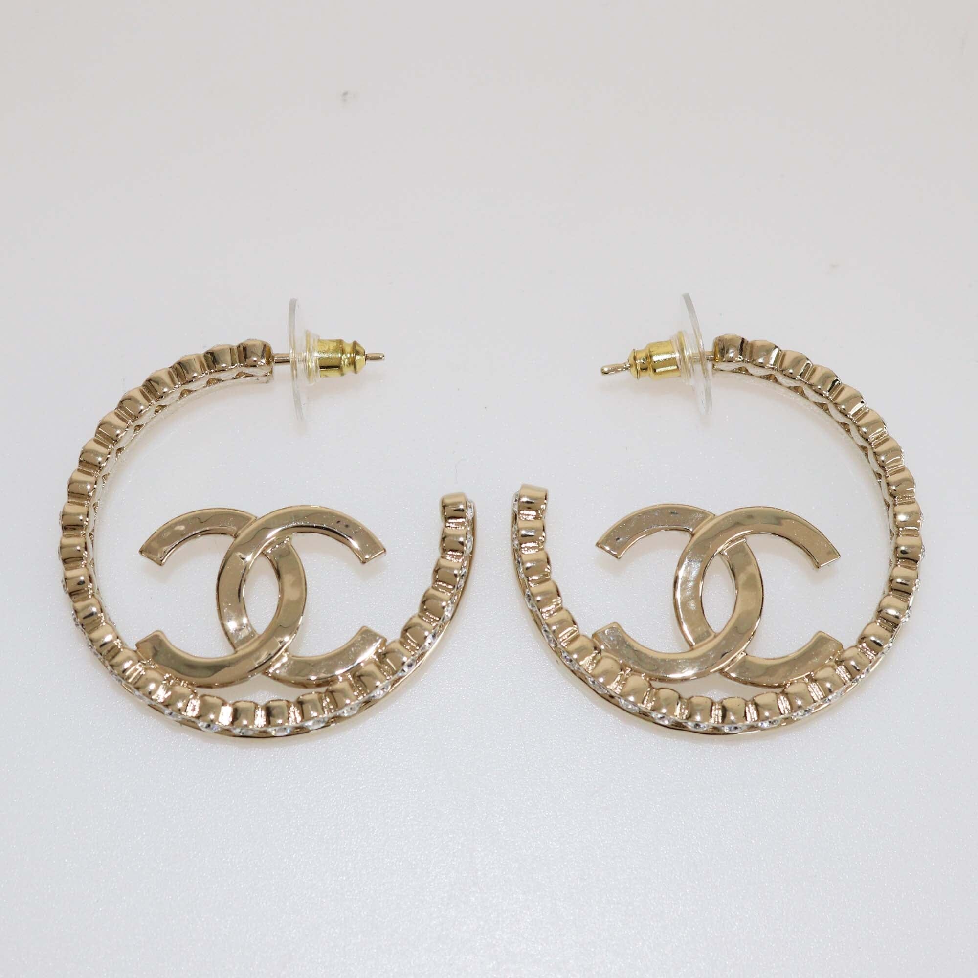 Chanel CC Crystal Gold Tone Hoop Earrings Womens Chanel 