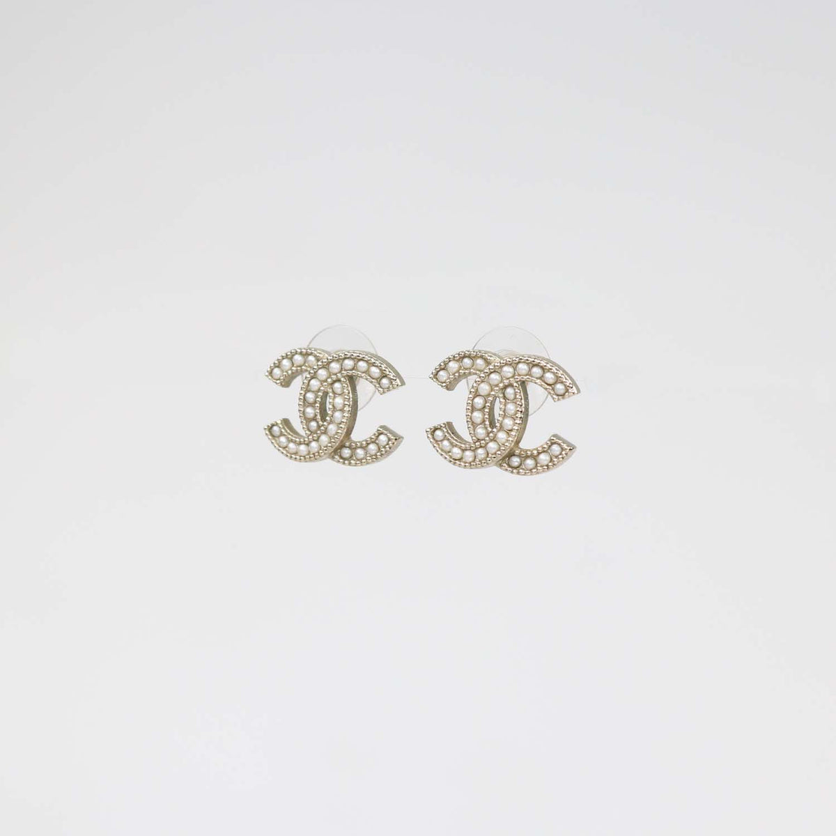 Chanel Pale Gold Tone Metal CC Faux Pearl Stud Earrings