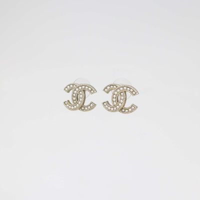 Chanel Pale Gold Tone Metal CC Faux Pearl Stud Earrings