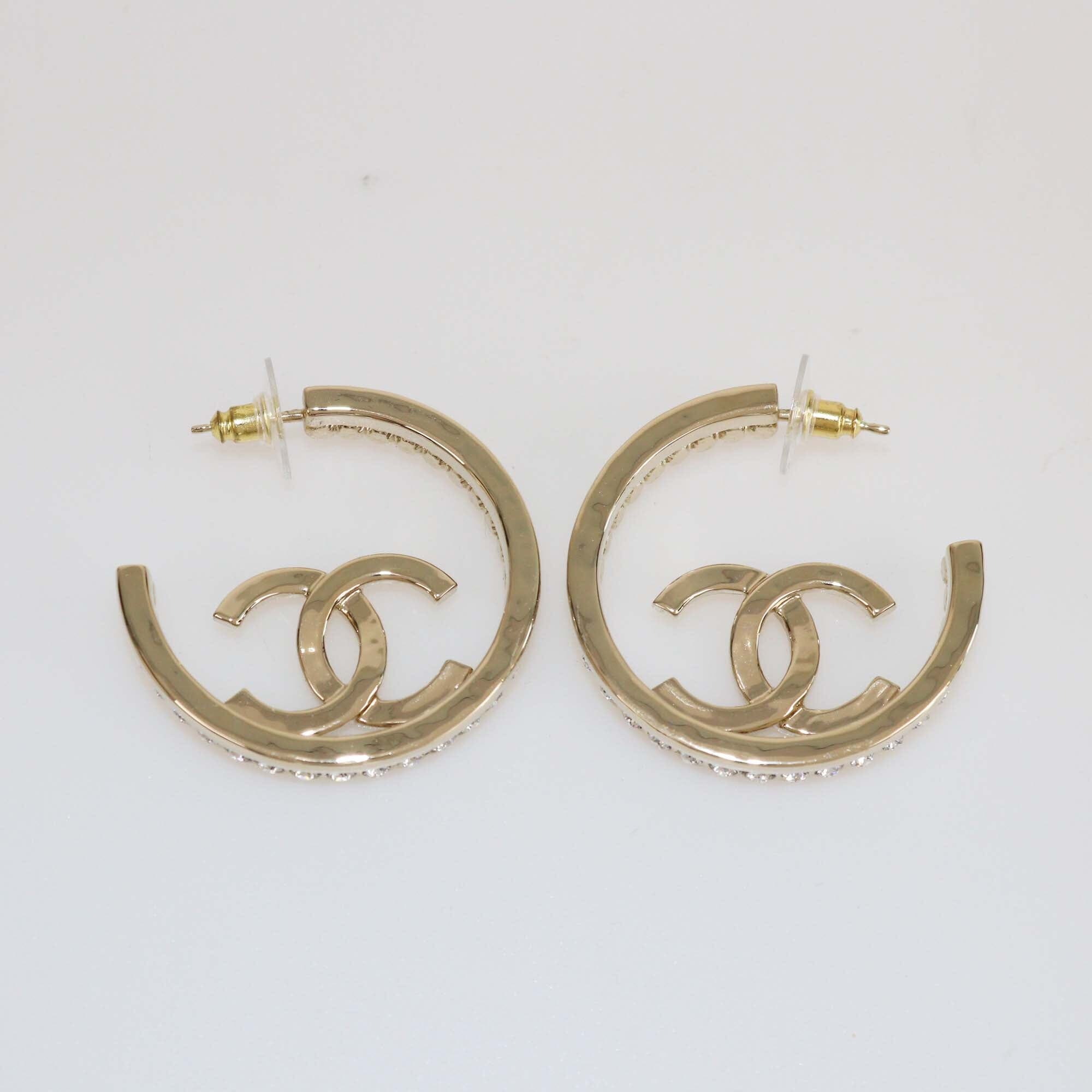 Chanel CC Crystal Gold Tone Hoop Earrings Womens Chanel 