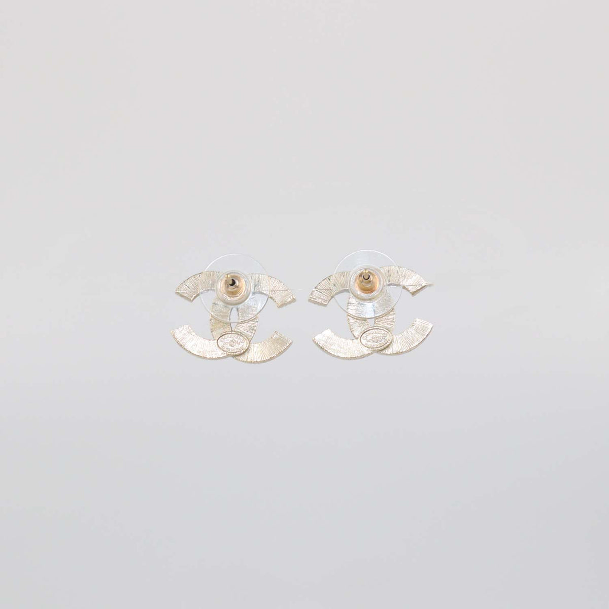 Chanel Pale Gold Tone Metal CC Faux Pearl Stud Earrings
