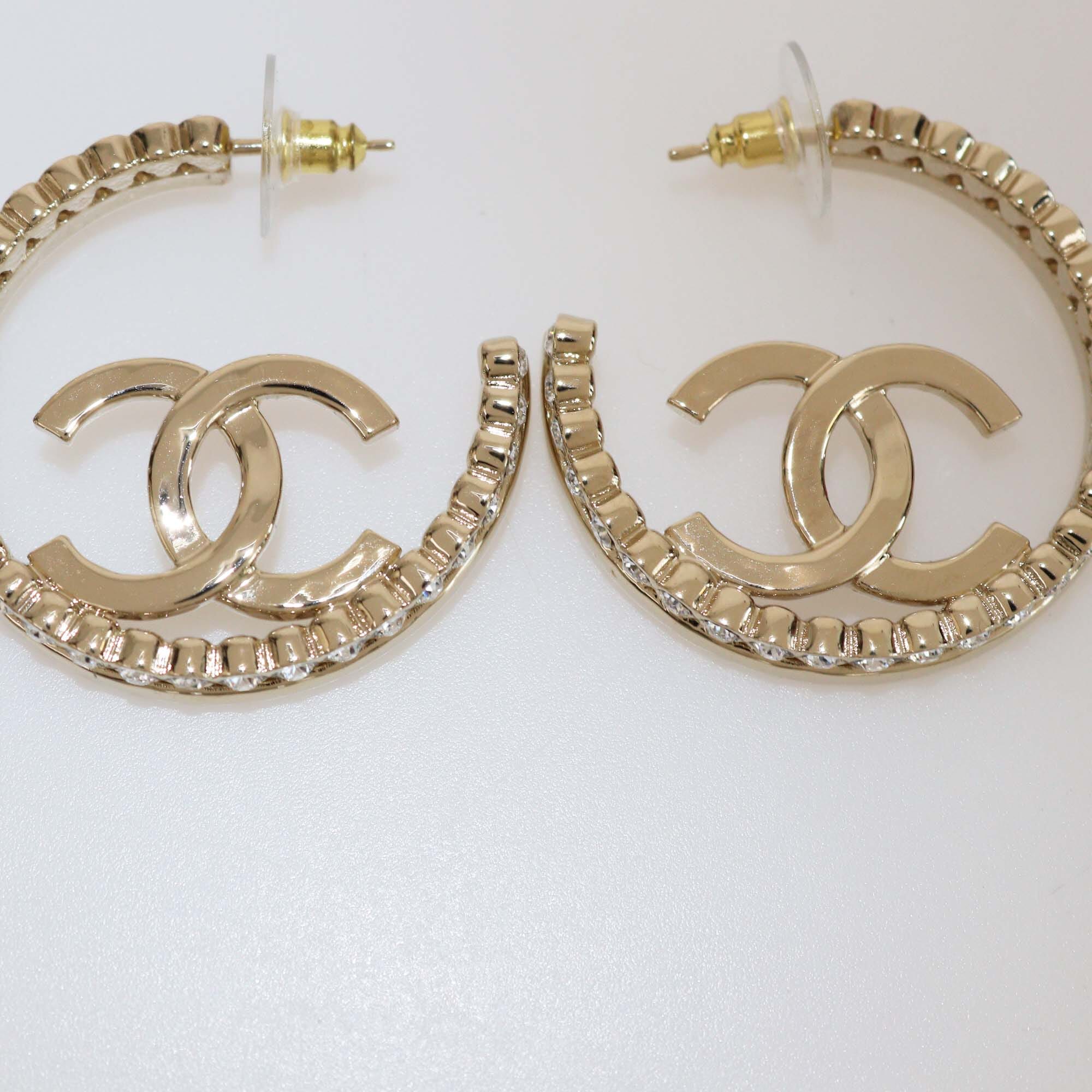 Chanel CC Crystal Gold Tone Hoop Earrings Womens Chanel 