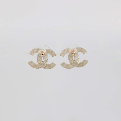 Chanel Pale Gold Tone Metal CC Faux Pearl Stud Earrings