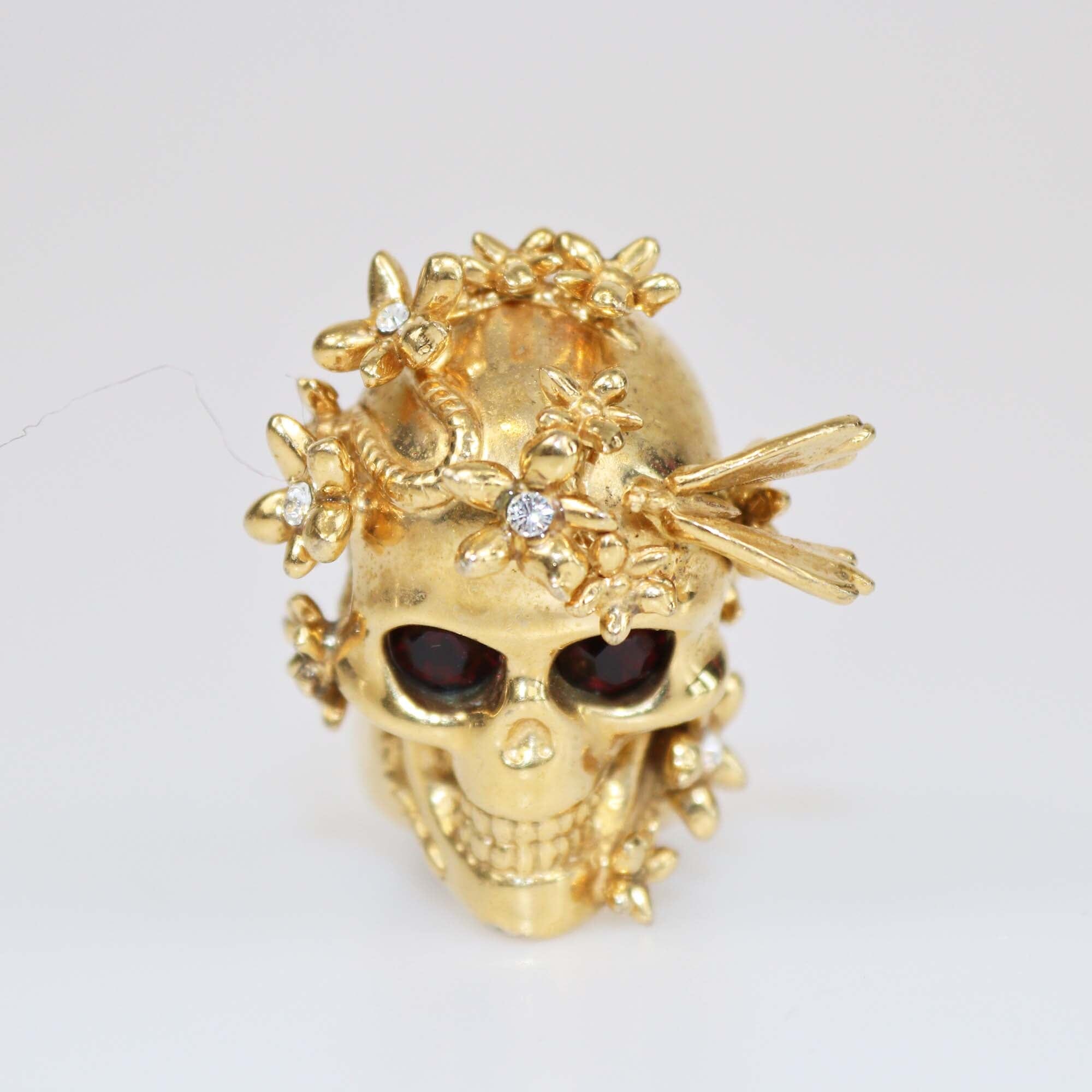 Alexander McQueen Butterfly and Flower Gold Tone Skull Ring Size 56 Womens Alexander McQueen 