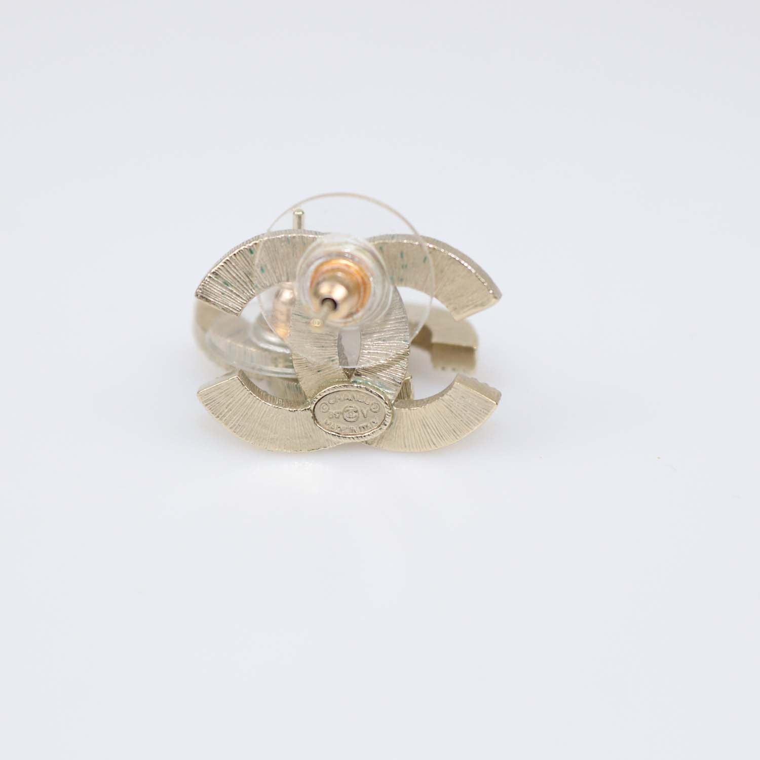 Chanel Pale Gold Tone Metal CC Faux Pearl Stud Earrings