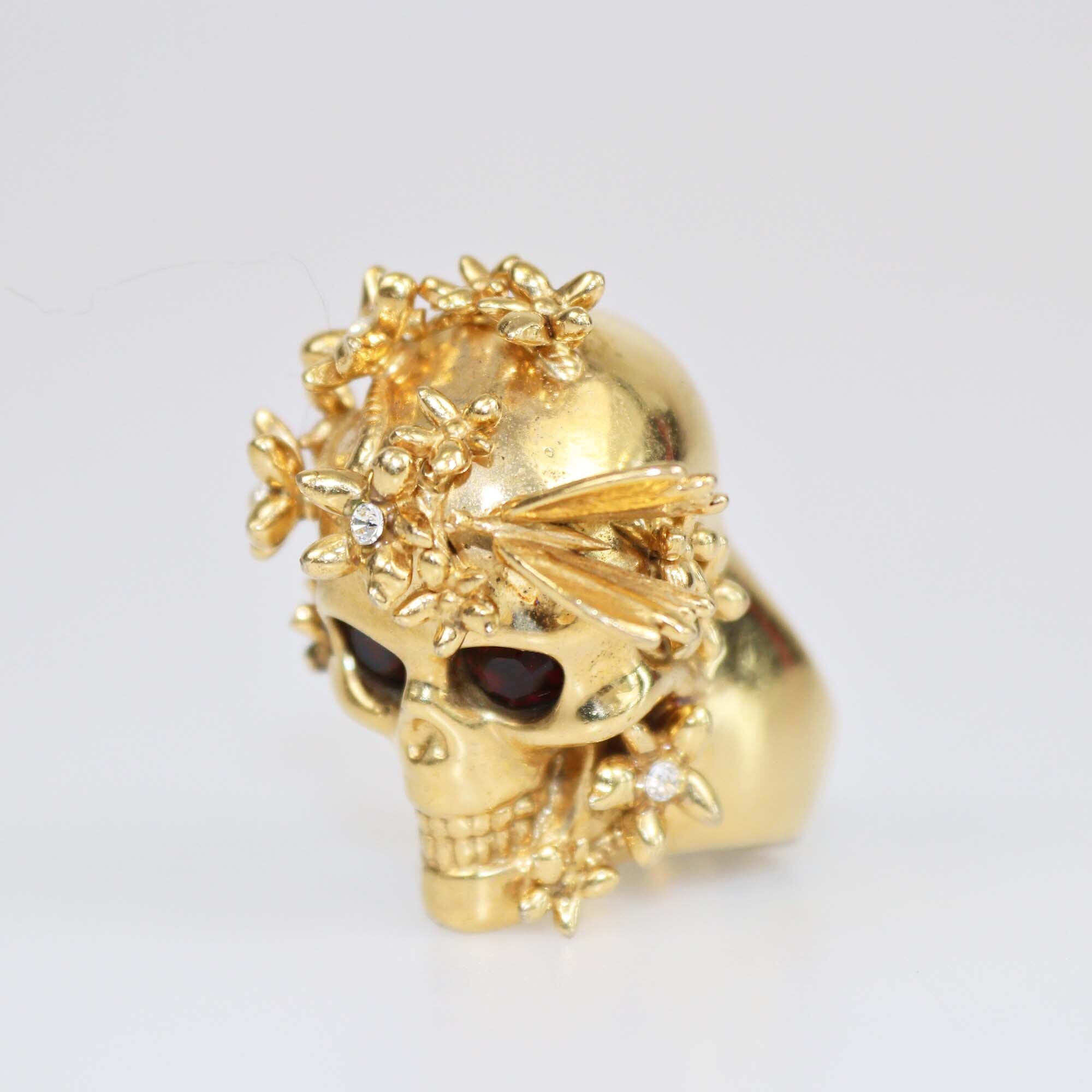 Alexander McQueen Butterfly and Flower Gold Tone Skull Ring Size 56 Womens Alexander McQueen 