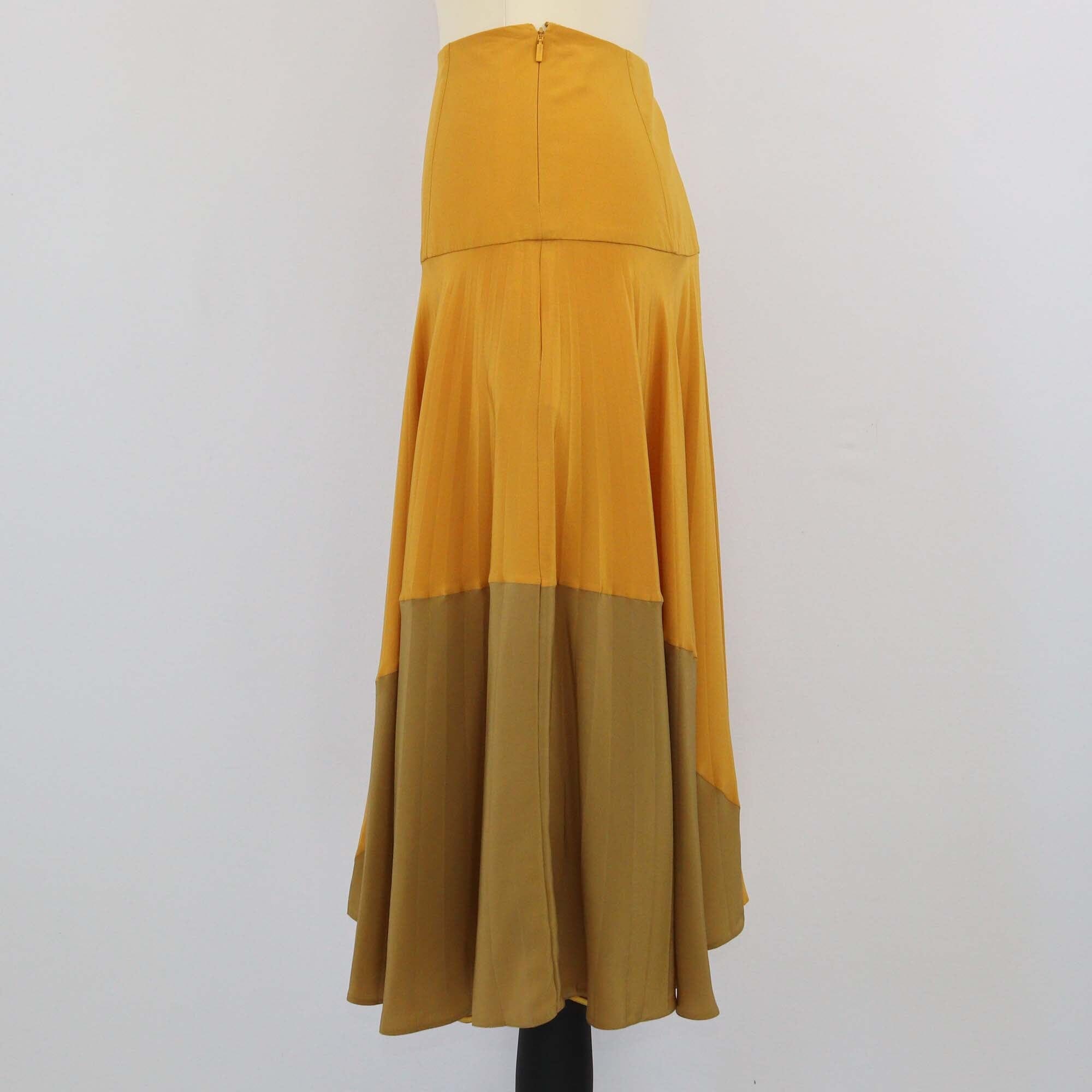 Fendi Mustard Yellow/Brown High Waist Pleated Midi Skirt Womens Fendi 