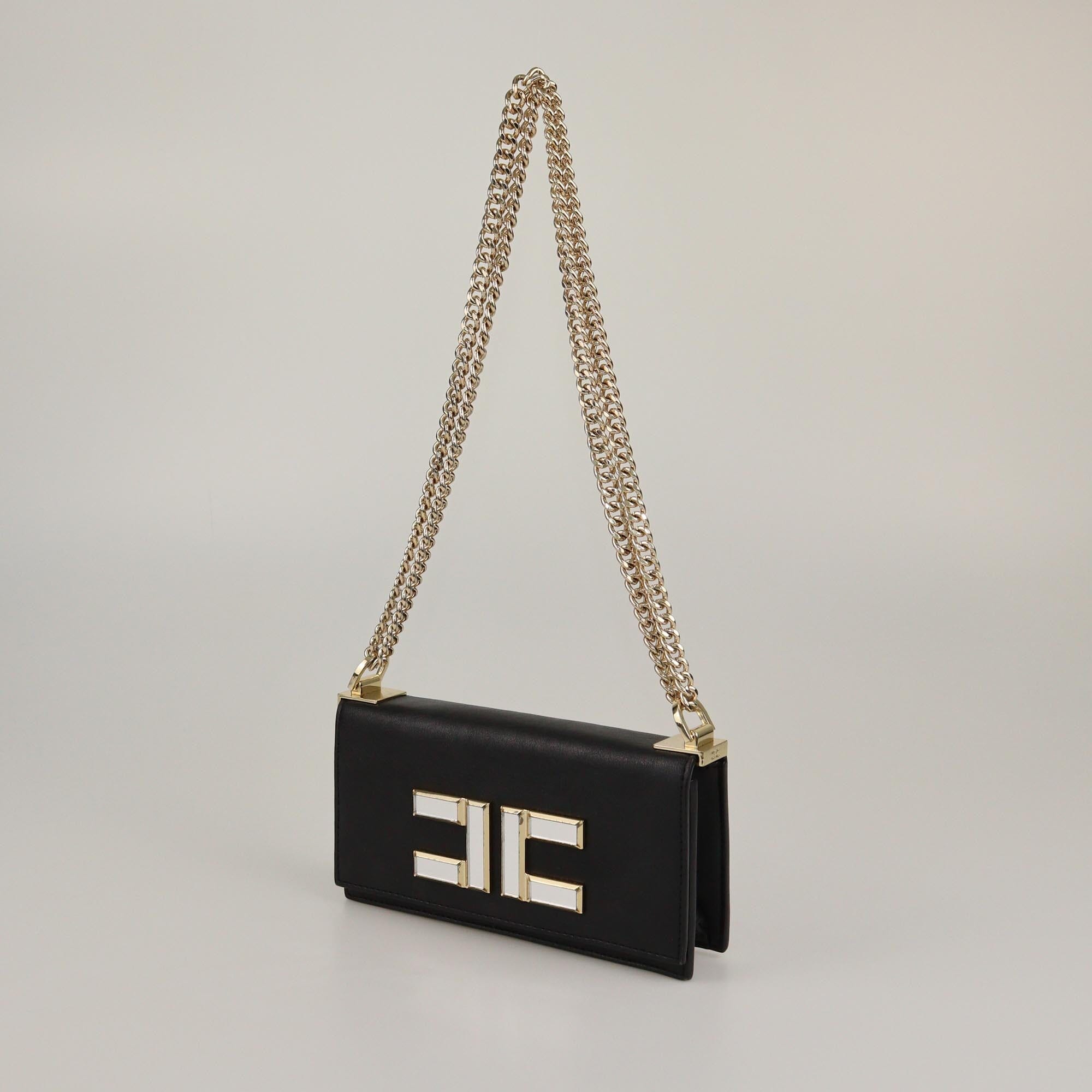 Elisabetta Franchi Black Mirror Logo Chain Shoulder Bag Womens Elisabetta Franchi 