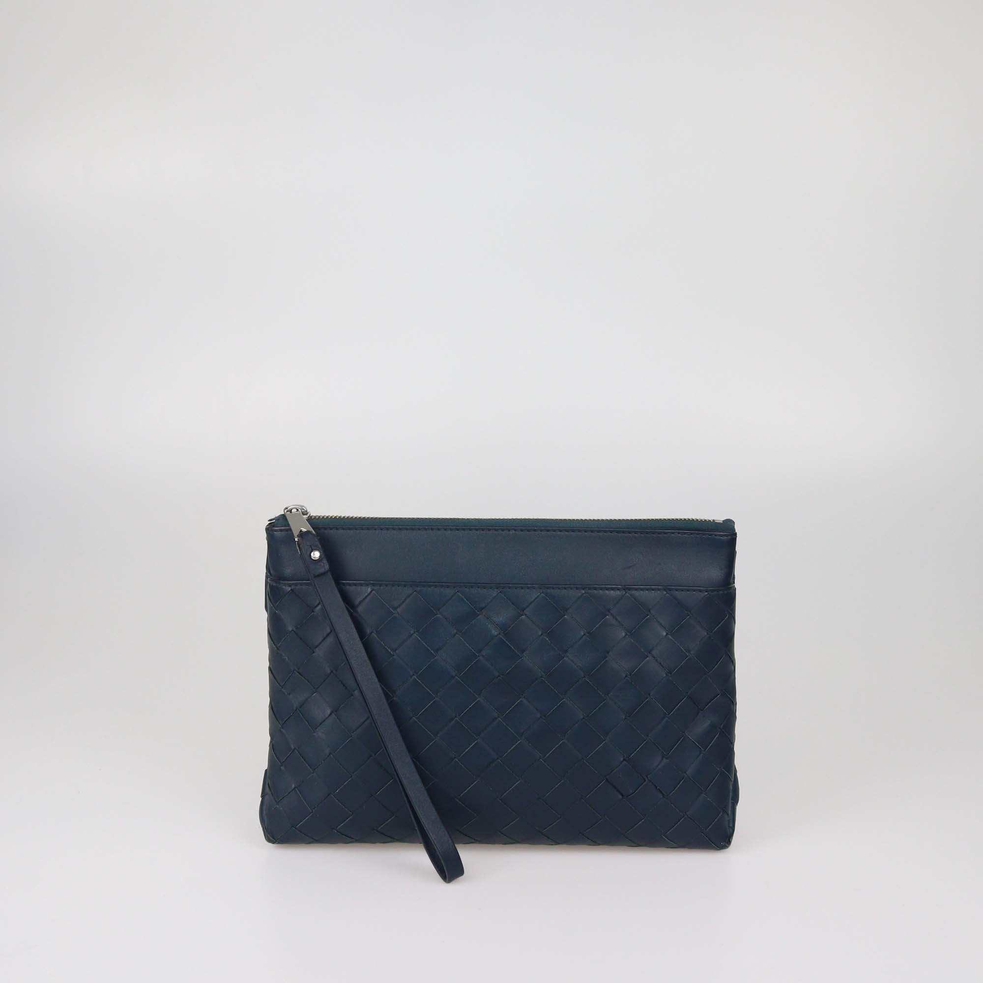 Bottega Veneta Dark Teal Blue Intrecciato Leather Prism Pouch